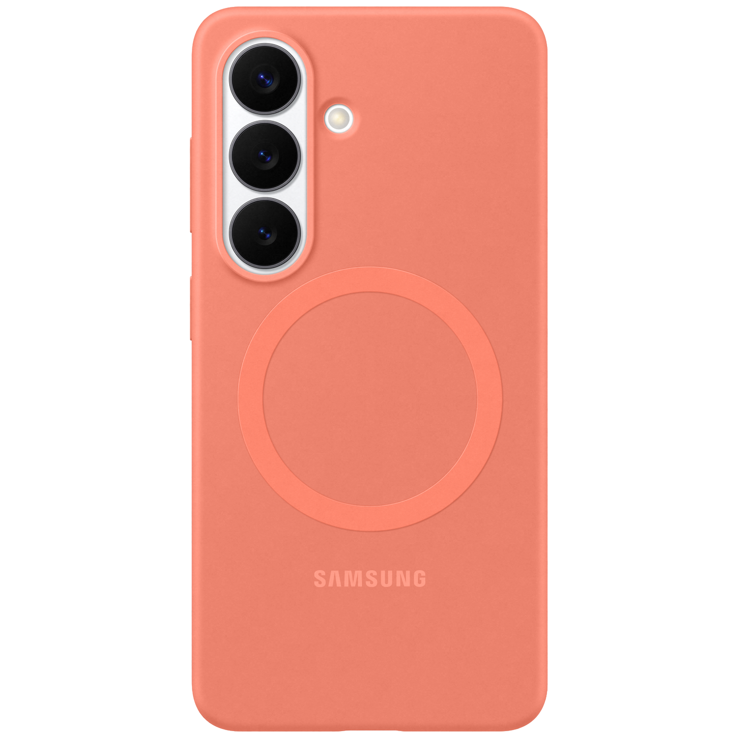 Een koraalkleurige telefoonhoes met drie camera's en een ring.