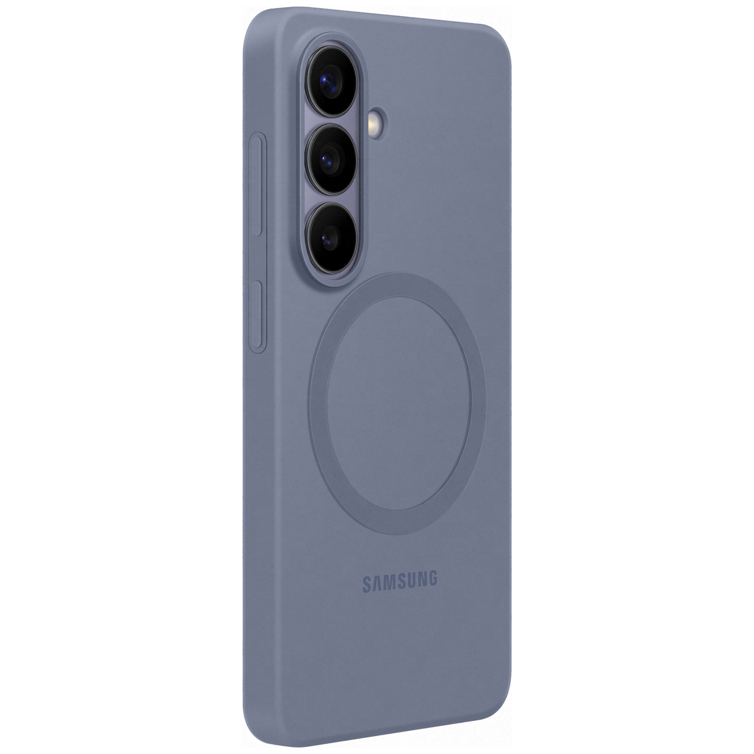 Een leisteenblauwe telefoonhoes met drie cameralenzen en Samsung logo.