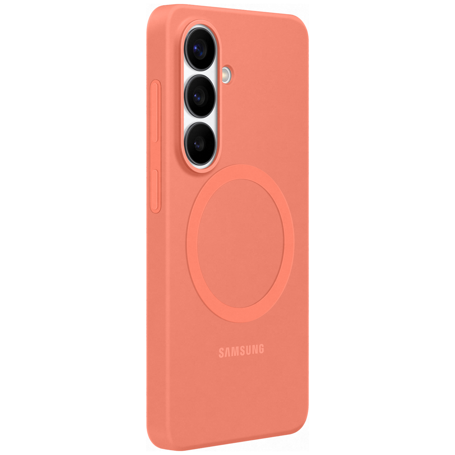 Een koraalkleurige Samsung telefoonhoes met drie cameralenzen en een cirkel.