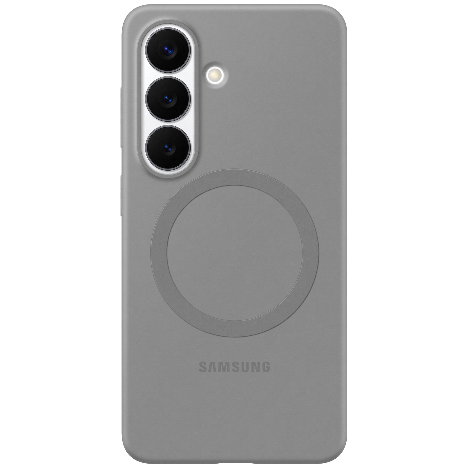 Grijze telefoonhoes met drie cameralenzen en een rond oplaadgebied.