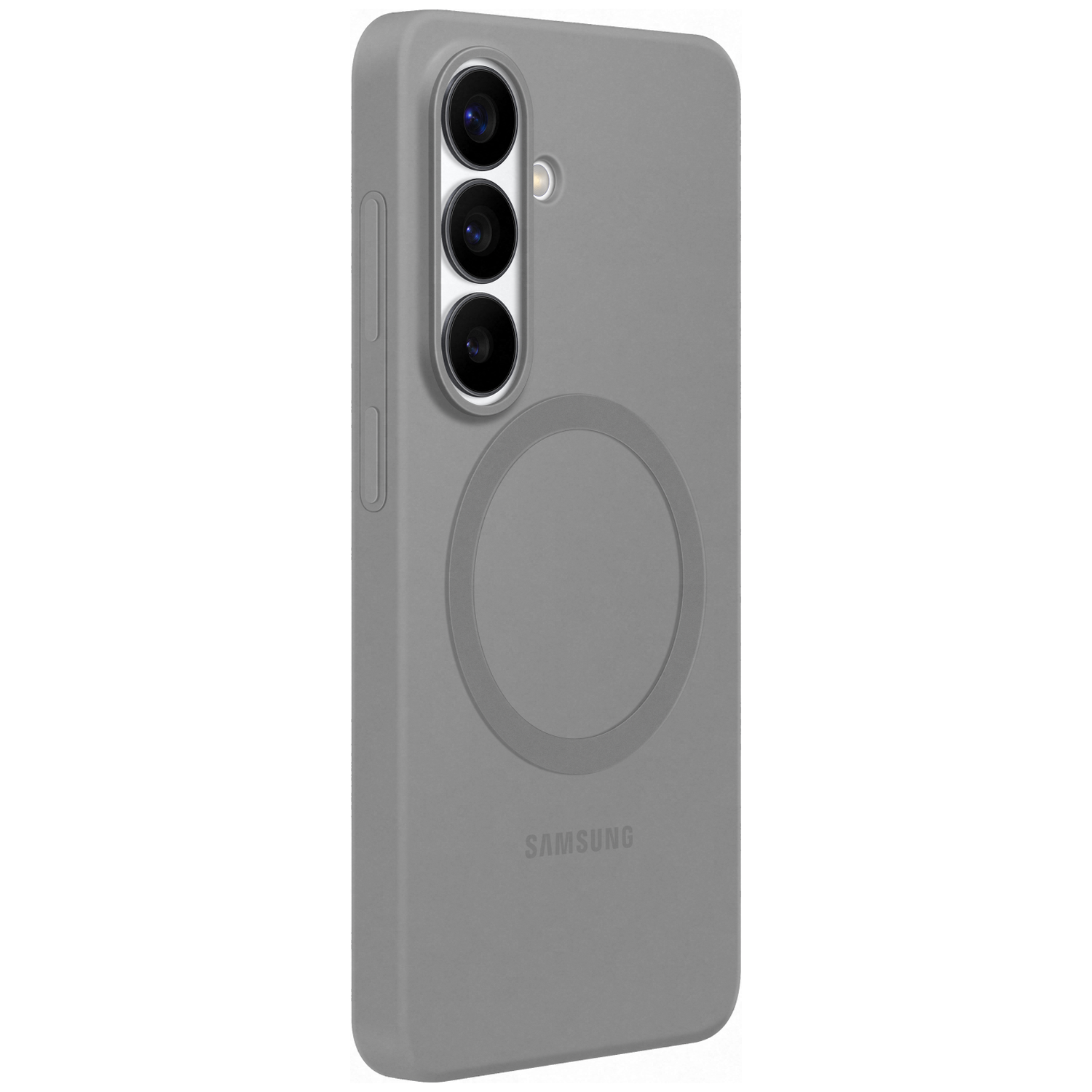 Grijze Samsung telefoonhoes met drie camera's en oplaadcirkel.