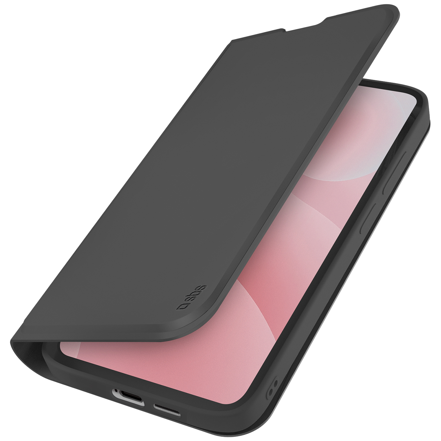 Een grijze smartphone met een open hoesje en roze achtergrond.