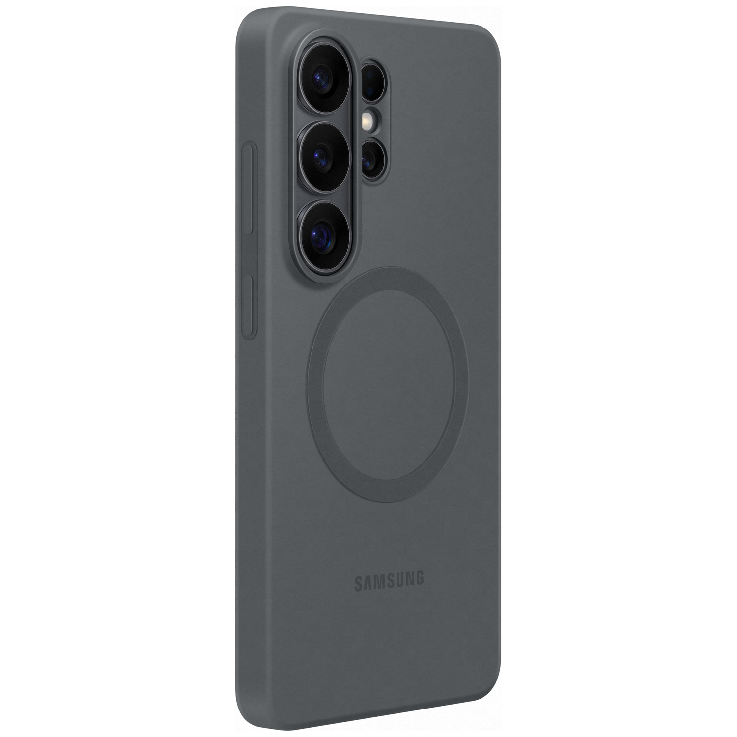 Grijze Samsung telefoonhoes met cameramodule en ringhouder.