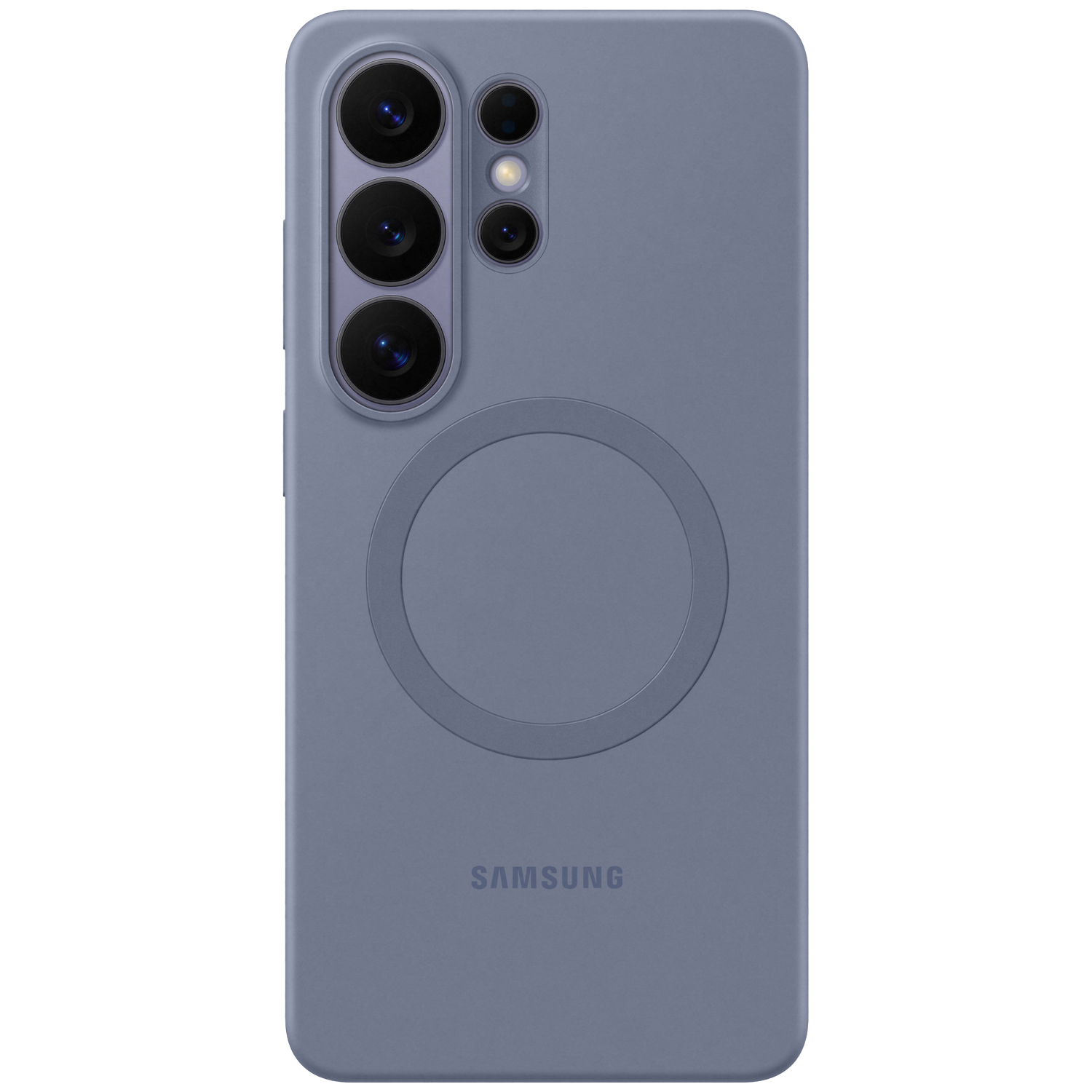 Grijze telefoonhoes met cameralenzen en Samsung-logo.