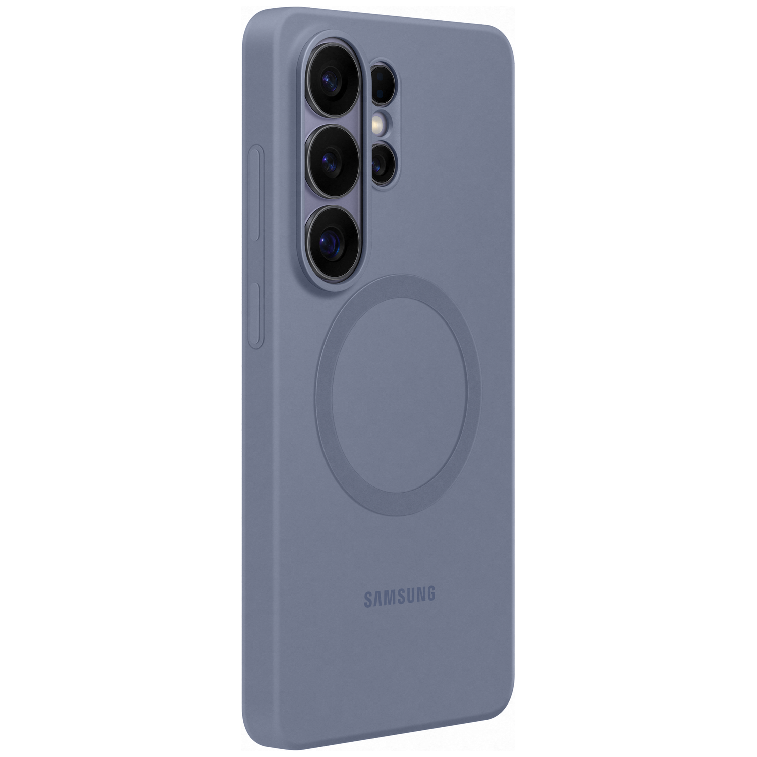 Een grijsblauwe telefoonhoes met camera's en Samsung-logo.