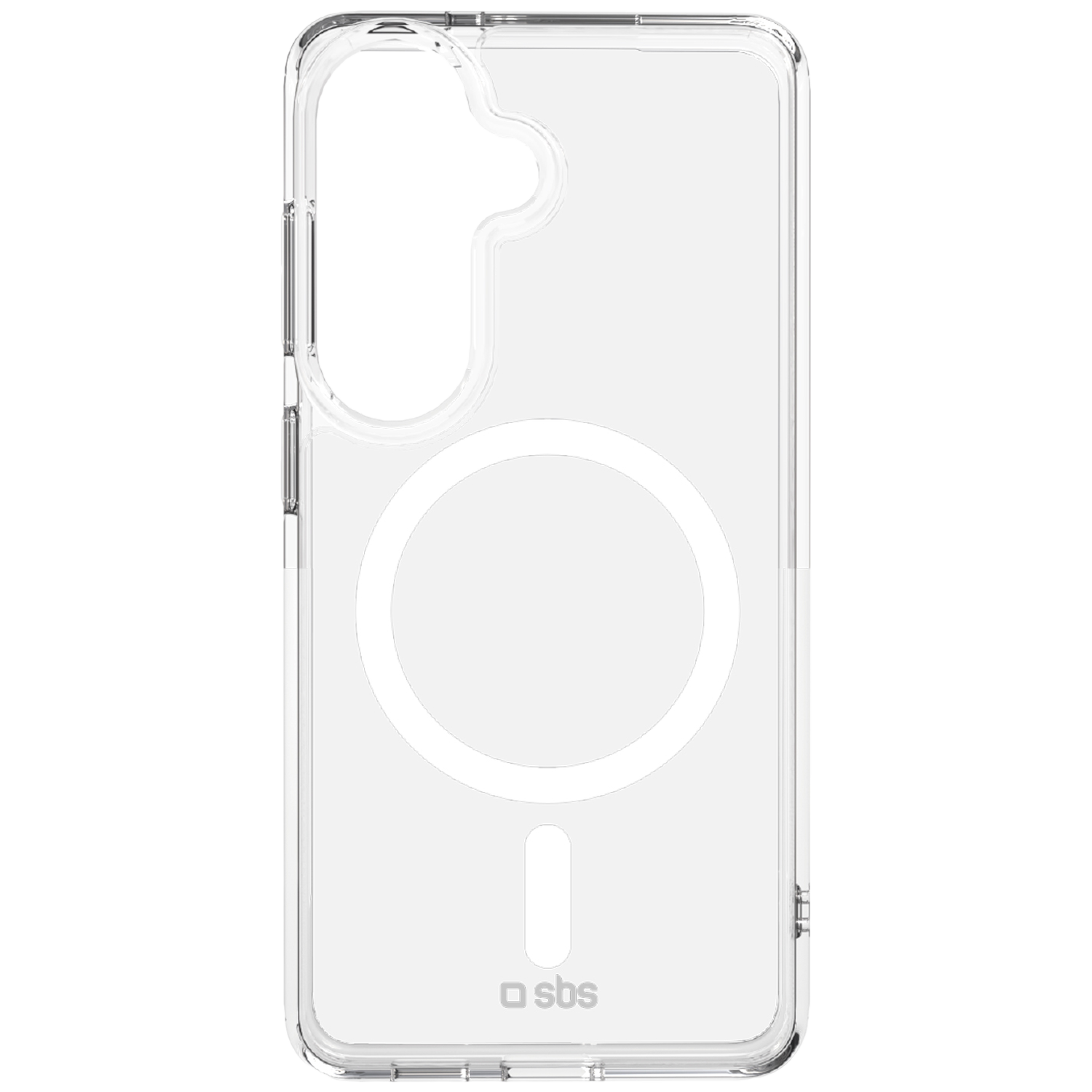 Transparante telefoonhoes met ronde magneetring en SBS-logo.