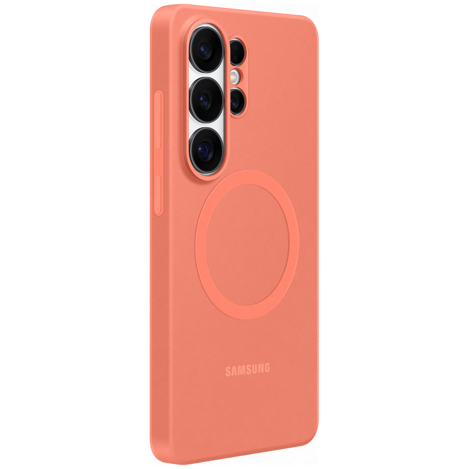 Une coque de téléphone corail avec module caméra et logo Samsung.