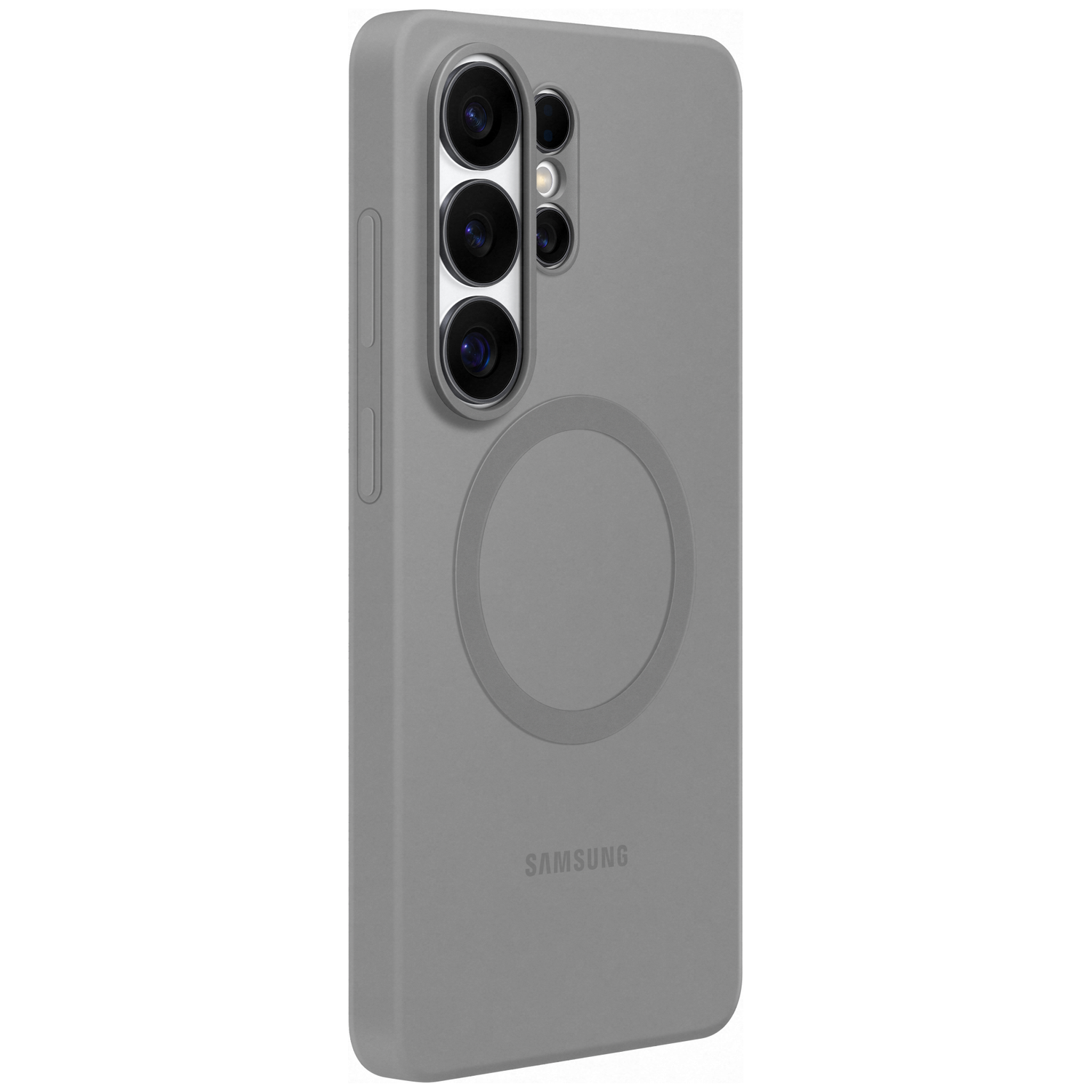 Coque de téléphone grise avec module caméra et cercle MagSafe.