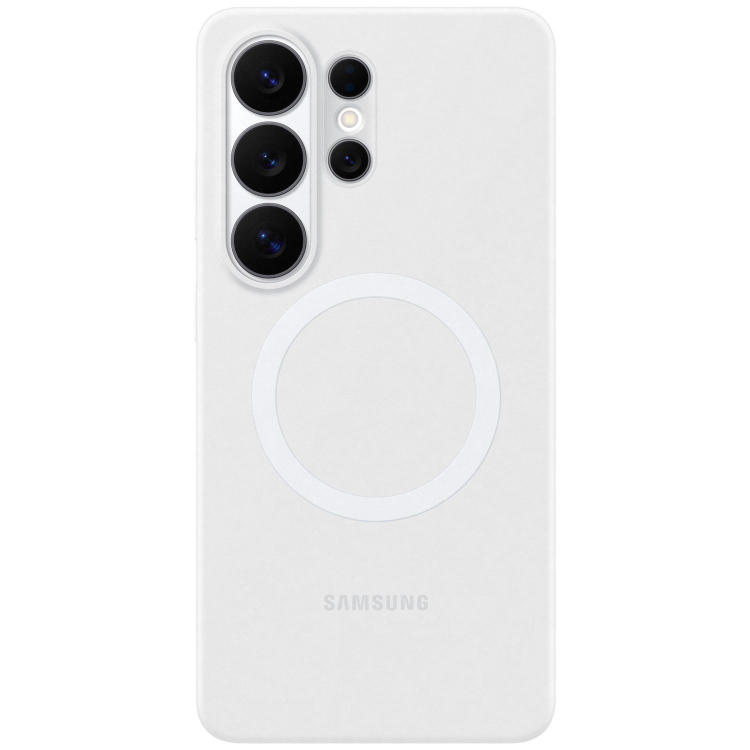 Wit Samsung telefoonhoesje met cameralenzen en een cirkelvormige magneetring.