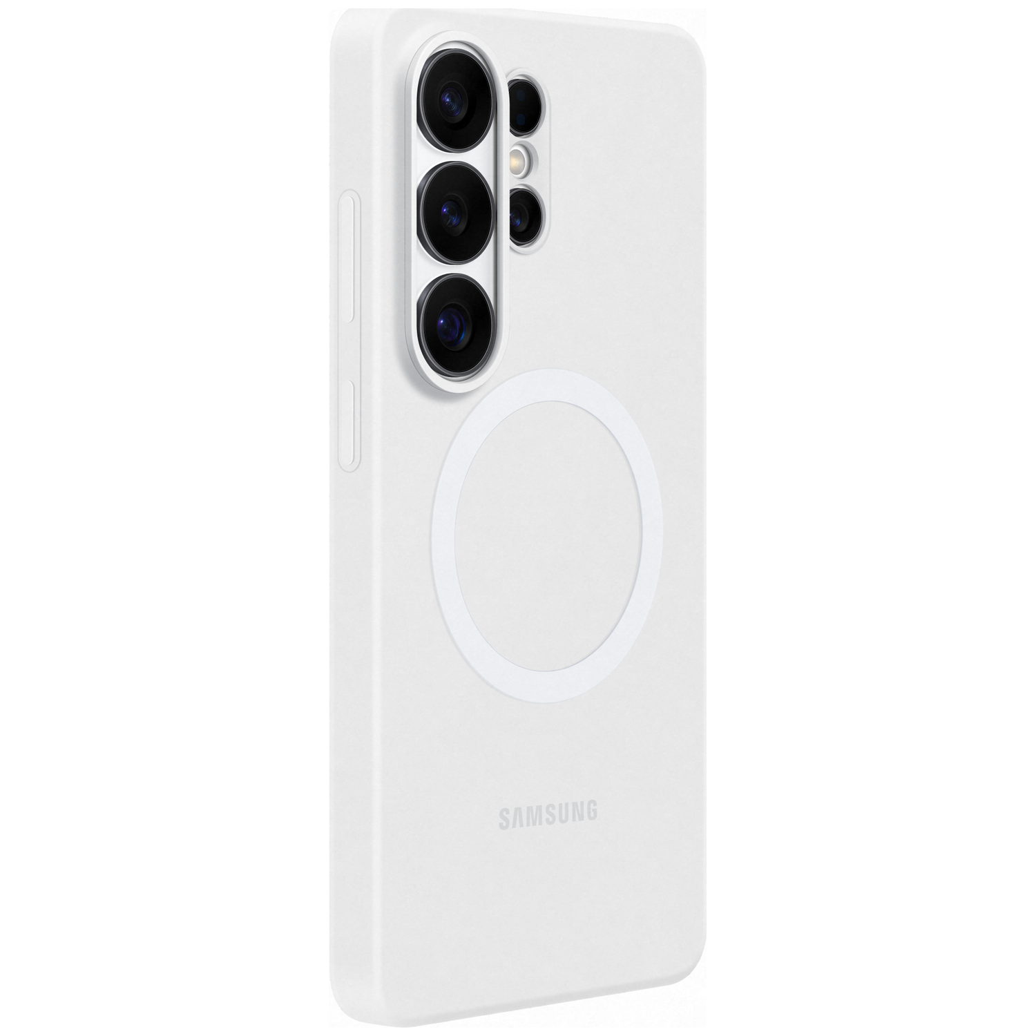 Wit telefoonhoesje met camera-array en oplaadring. Samsung-logo onderaan.
