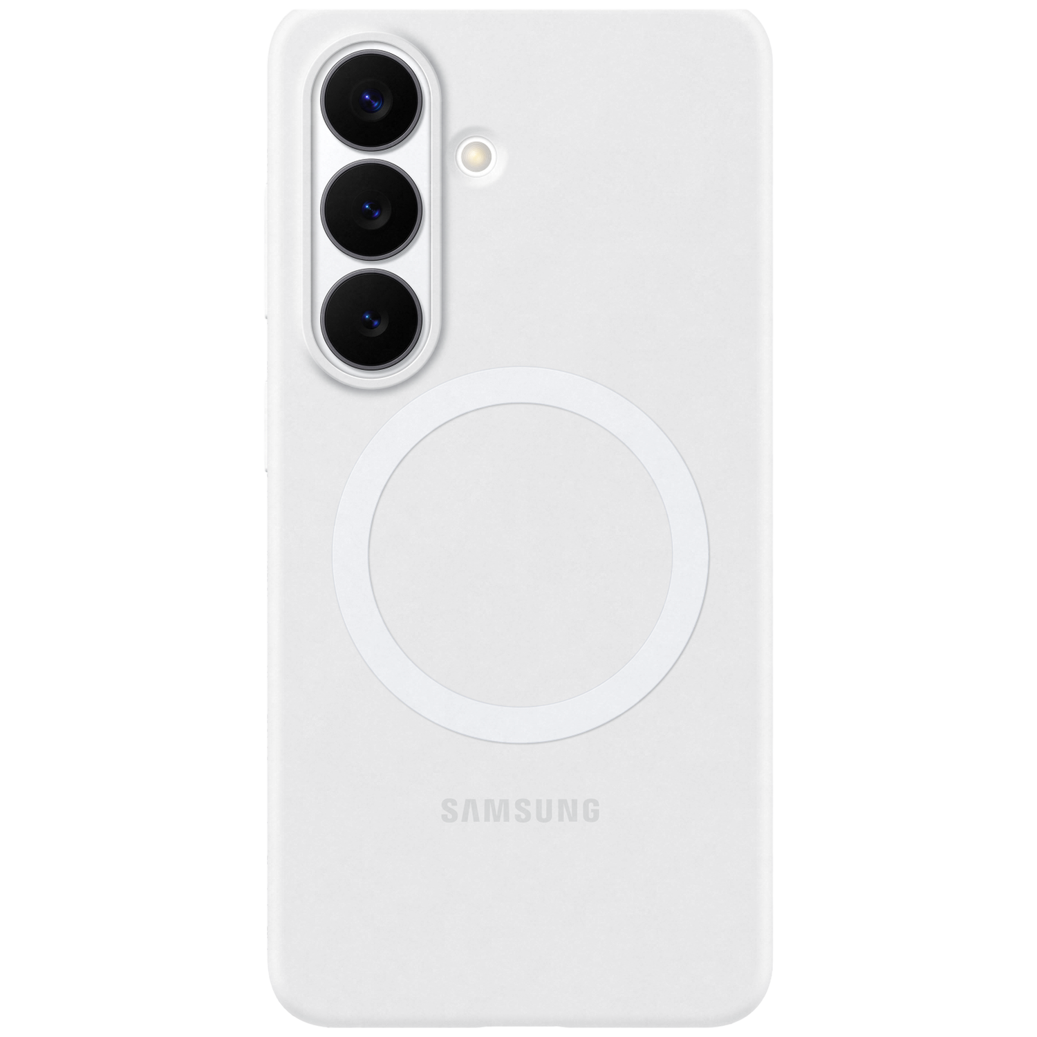 Wit telefoonhoesje met drie camera's en een ronde MagSafe-ring.