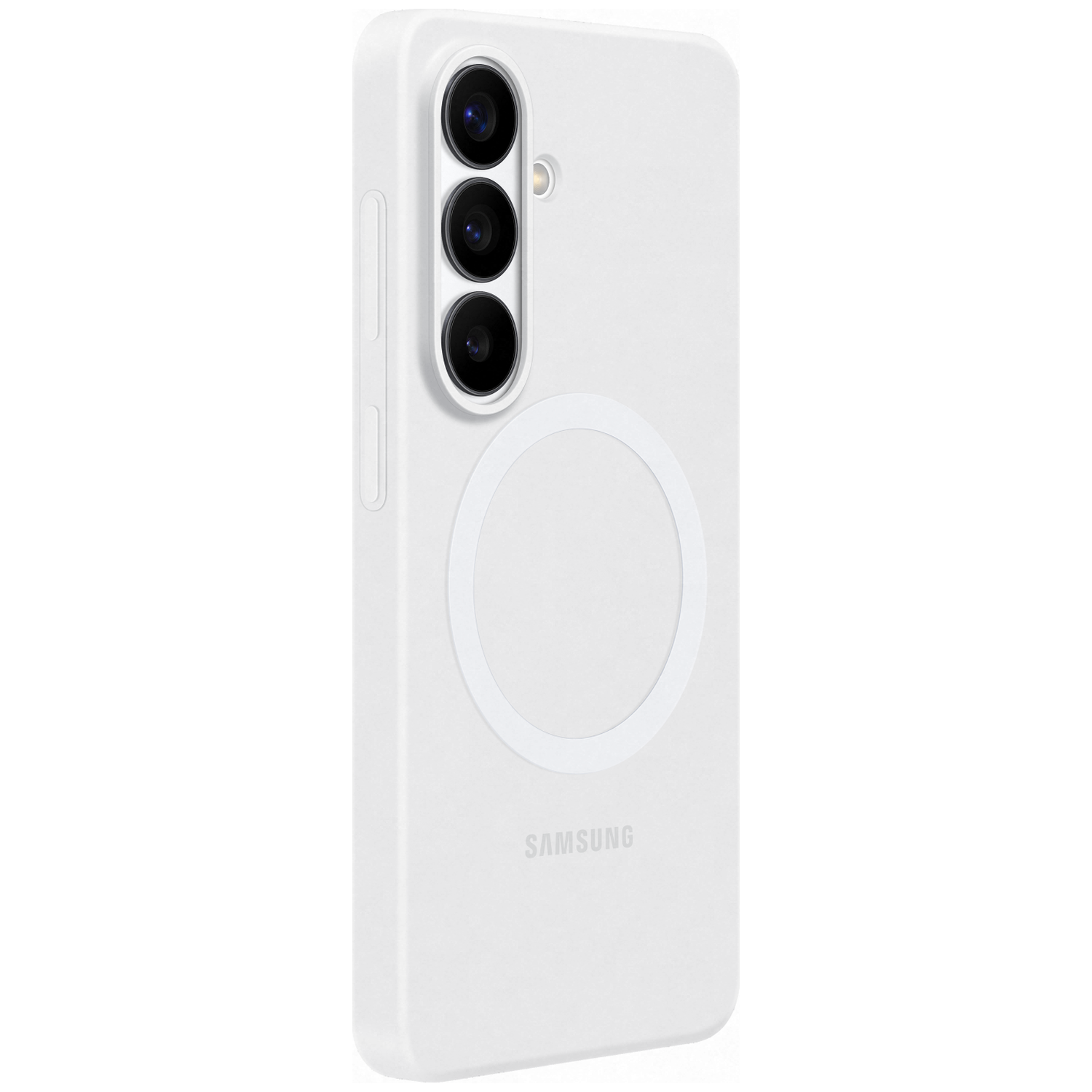 Wit telefoonhoesje met drie camera's en Samsung-logo.