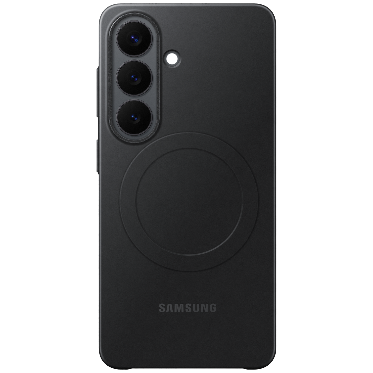 Achterkant van een zwarte Samsung telefoon met drie camera's en een cirkelvormig gebied.