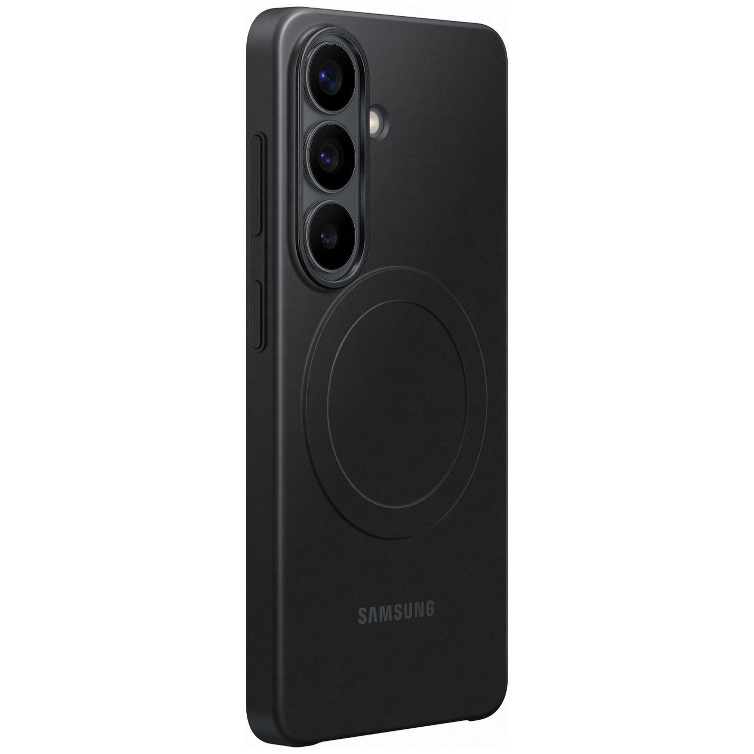 Zwarte Samsung telefoonhoes met drie cameralenzen en cirkelvormig reliëf.