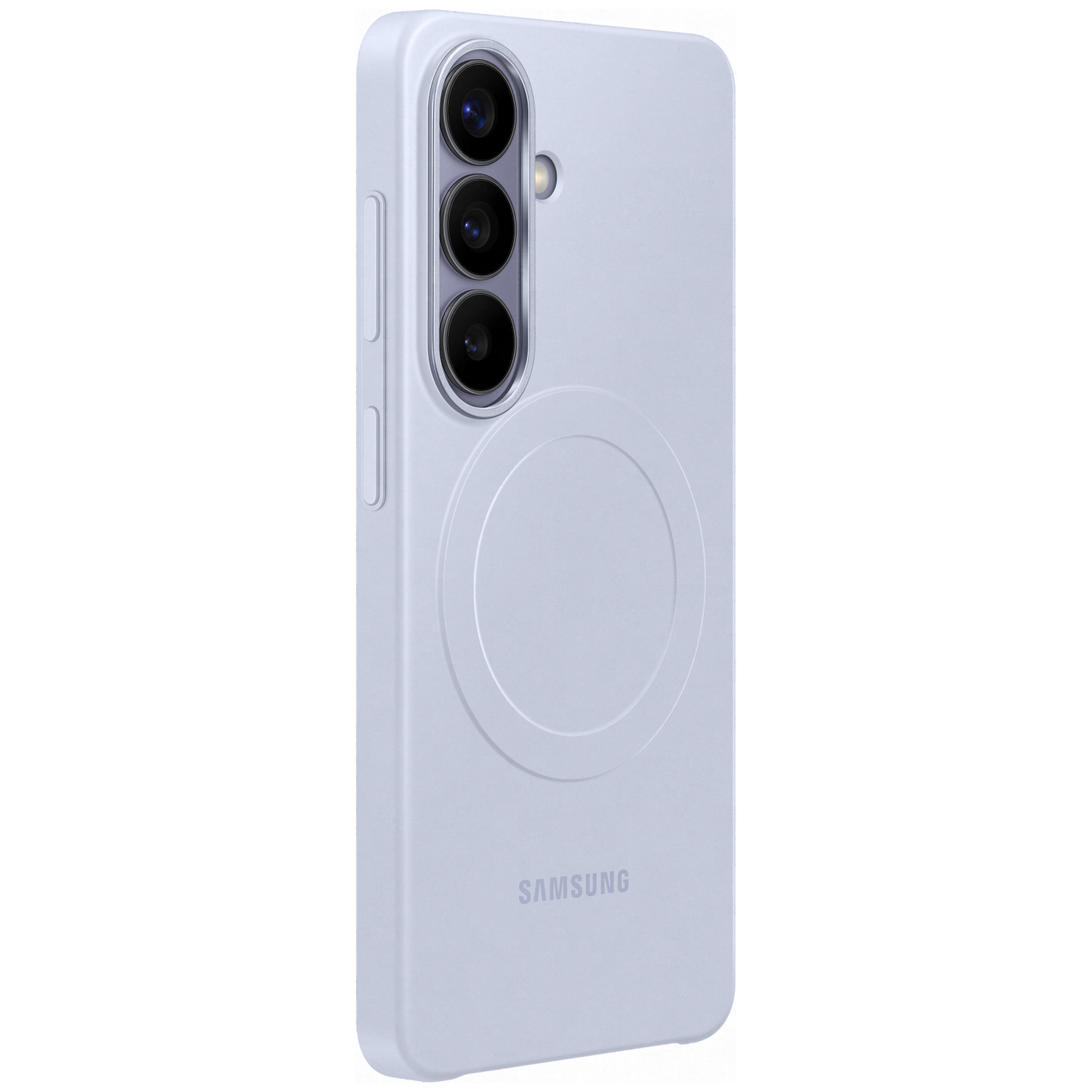 Une coque de téléphone violette claire avec trois objectifs et le logo Samsung.