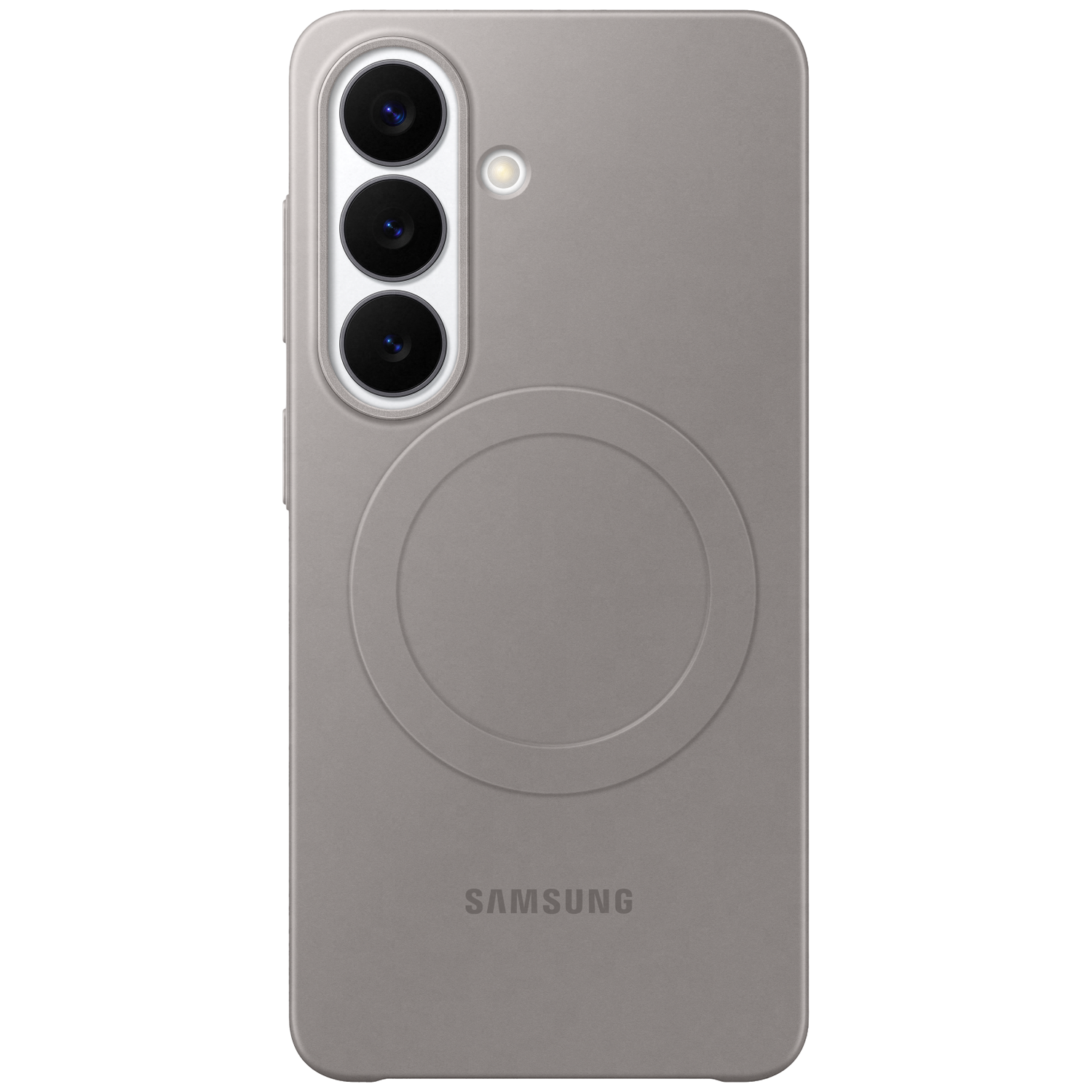 Grijze telefoonhoes met drie camera's en een oplaadcirkel.