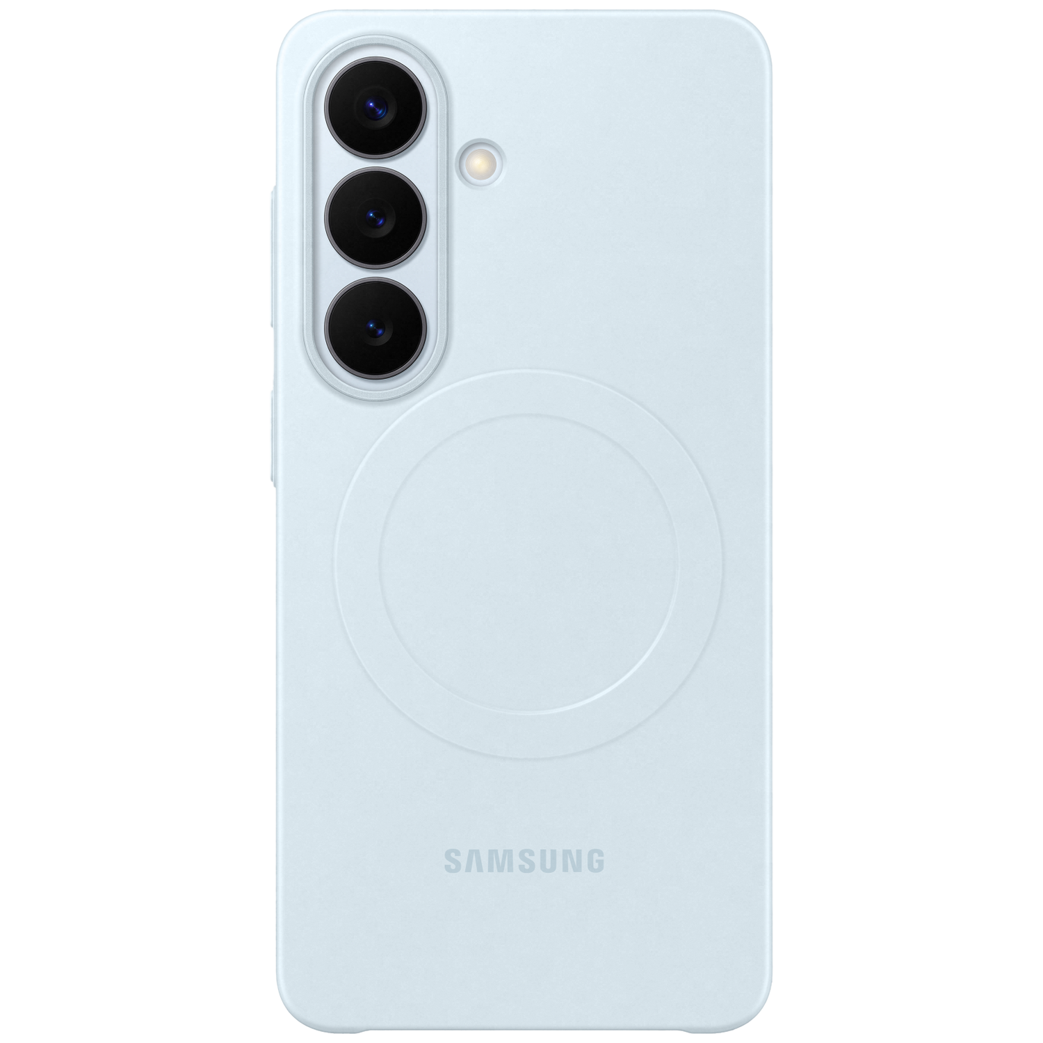 Lichtblauwe Samsung telefoonhoes met drie camera's en cirkelvormig logo.