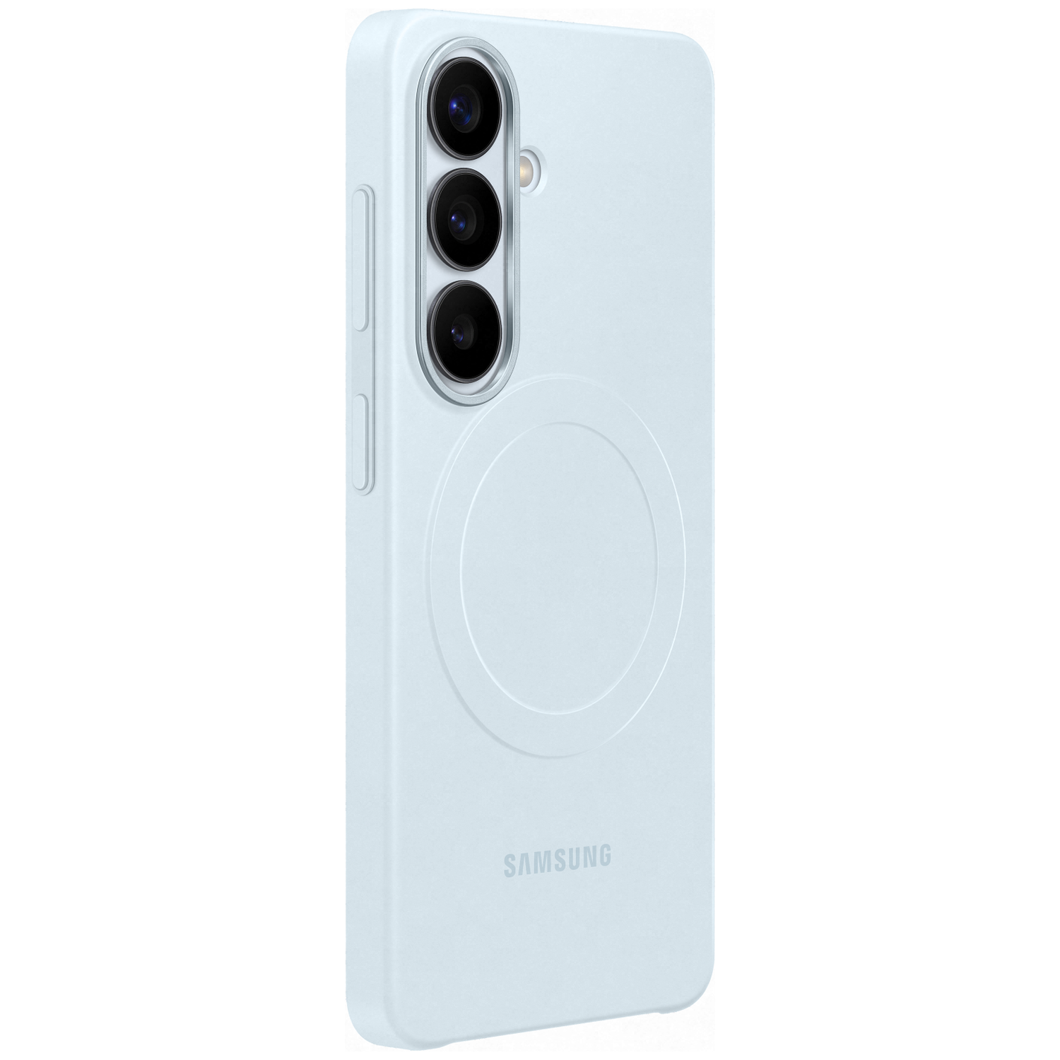 Lichtblauw toestel met drie camera's en Samsung-logo.