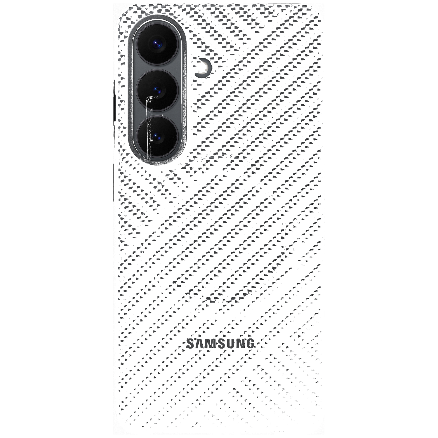 Coque de téléphone noire à motif fibre de carbone et trois objectifs.
