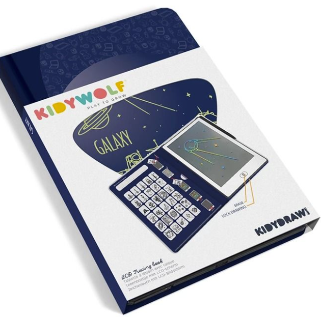KidyWolf Galaxy LCD Zeichenbuch mit vielen Symbolen und einem Stift zum Zeichnen.
