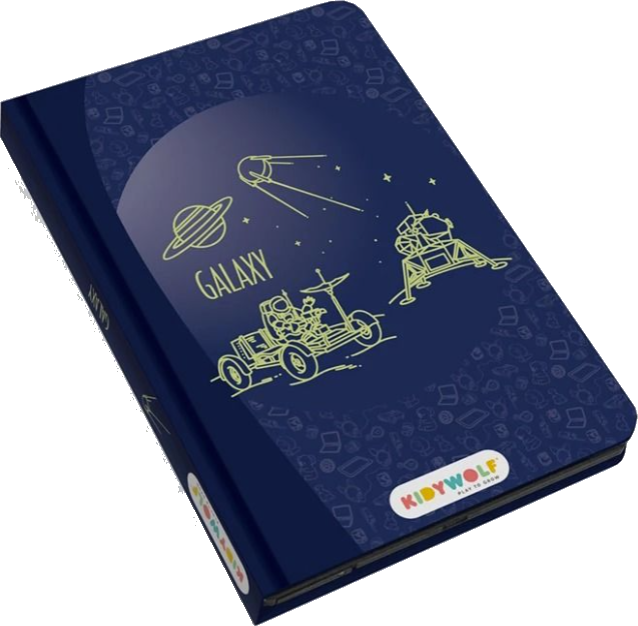 Dunkelblaues Notizbuch mit Weltraumdesign, Mondlandefähre, Rover, Astronauten.