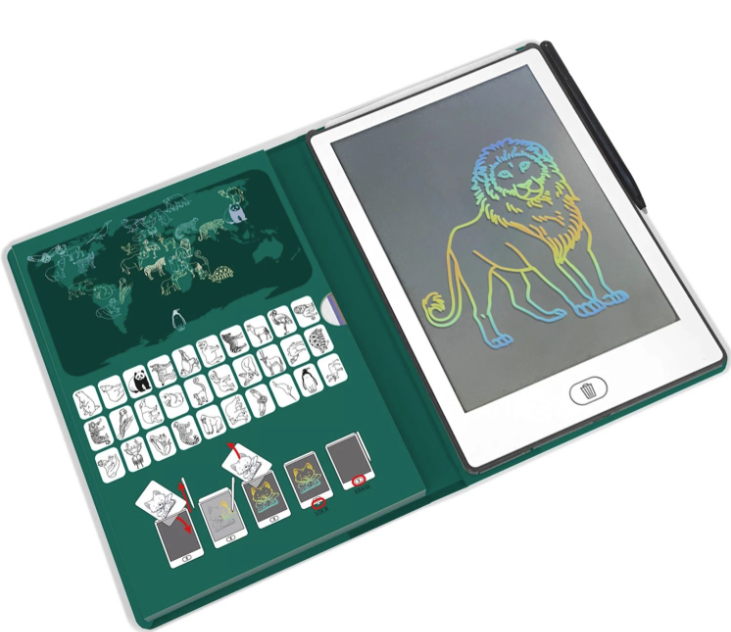 Ein offenes elektronisches Zeichenpad zeigt einen Regenbogenlöwen auf dem Bildschirm und Tiersymbole links.
