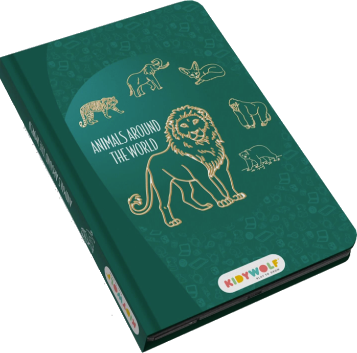Ein grünes Buch mit dem Titel 'Animals Around The World' und Tierillustrationen.