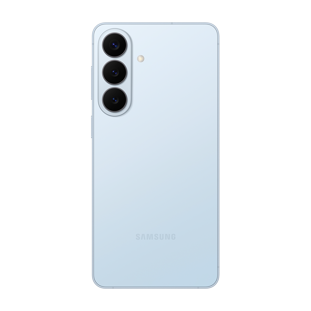 Üç kameralı ve flaşlı açık mavi Samsung akıllı telefon.