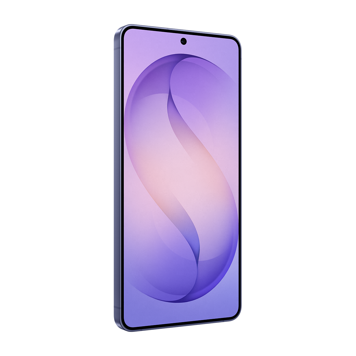 Modern bir akıllı telefon, mor arka plan ve üstte kamera modülü.
