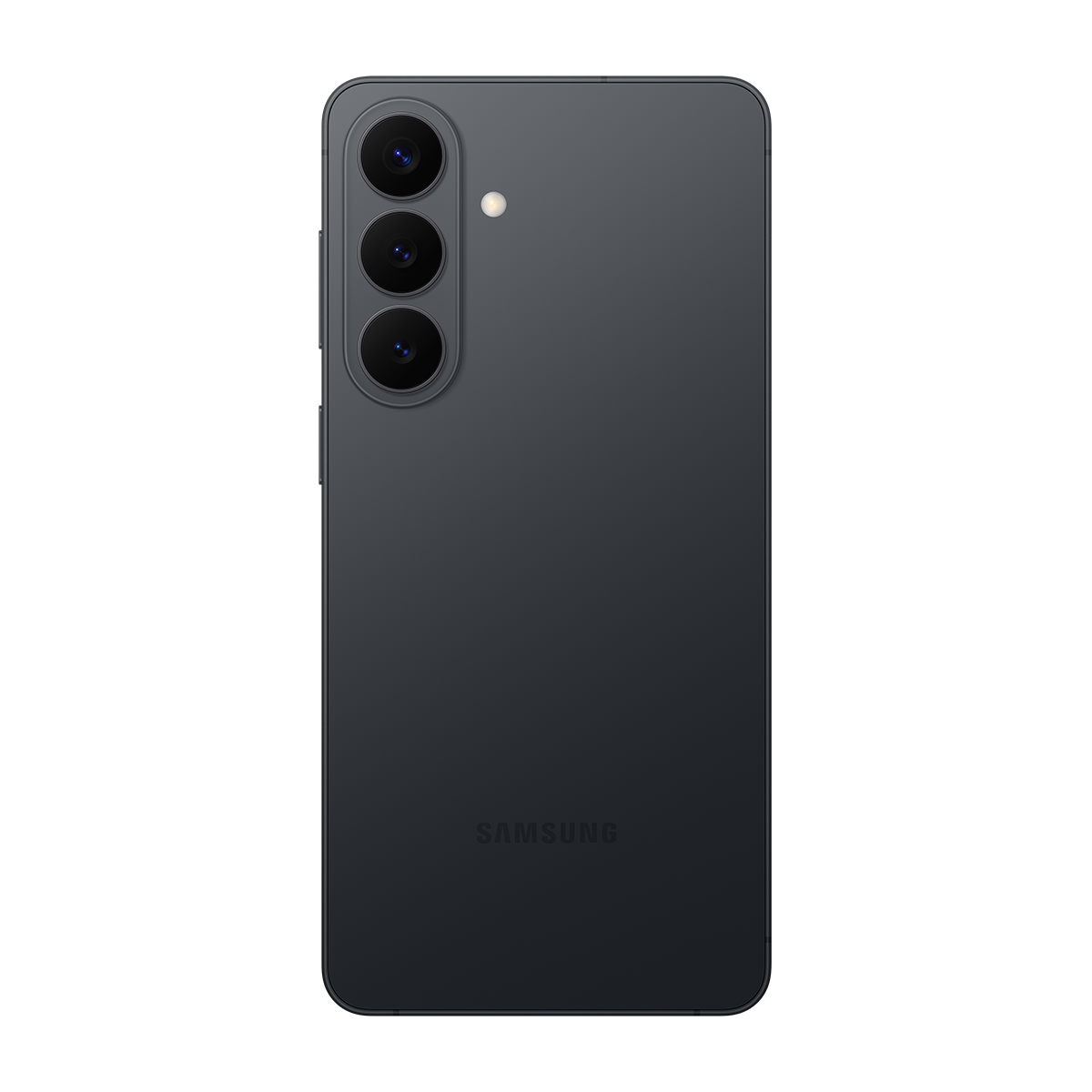 Arkada üç kamera ve flaşa sahip koyu gri Samsung akıllı telefon.