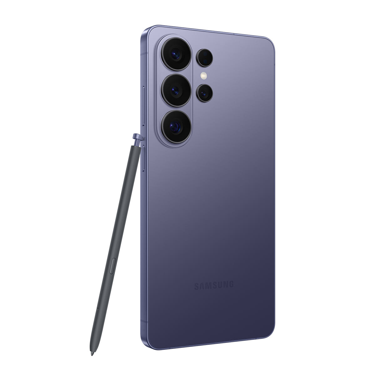 Mor Samsung telefon ve kalem. Arka kameraların yakın çekimi.