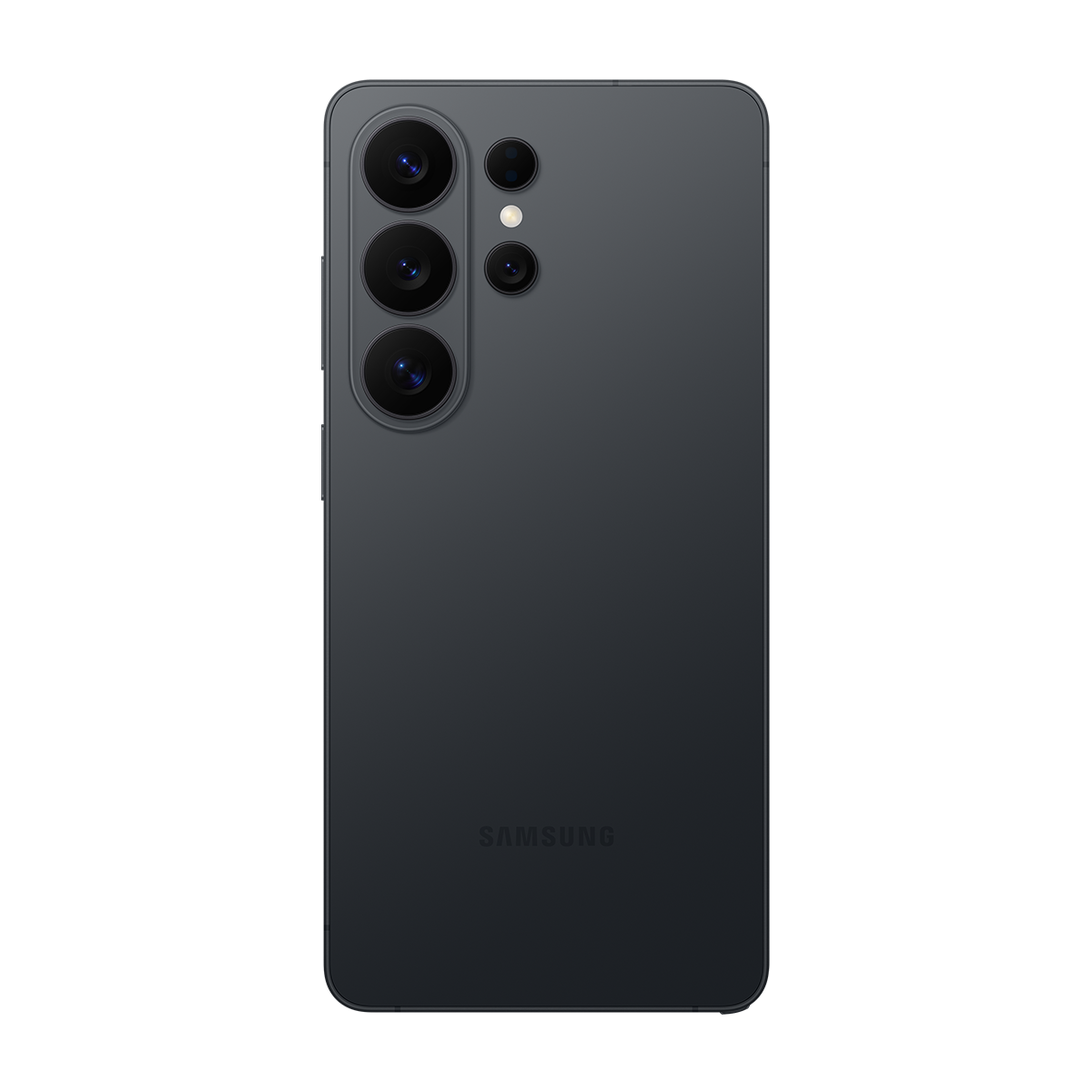 Dört arka kamerası ve Samsung logosu bulunan koyu gri akıllı telefon.