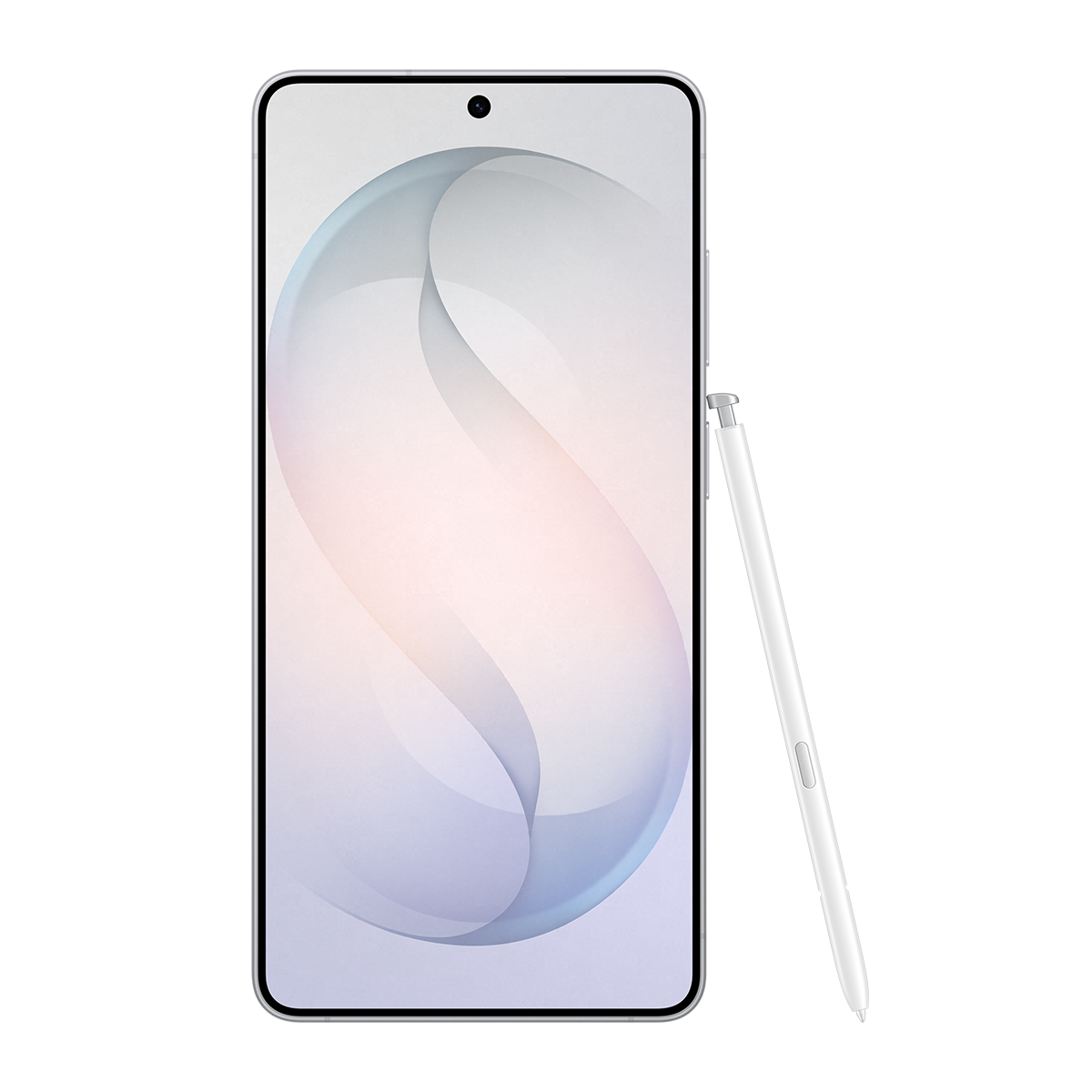 Soyut desenli ekrana sahip bir akıllı telefonun yanında beyaz bir kalem duruyor.