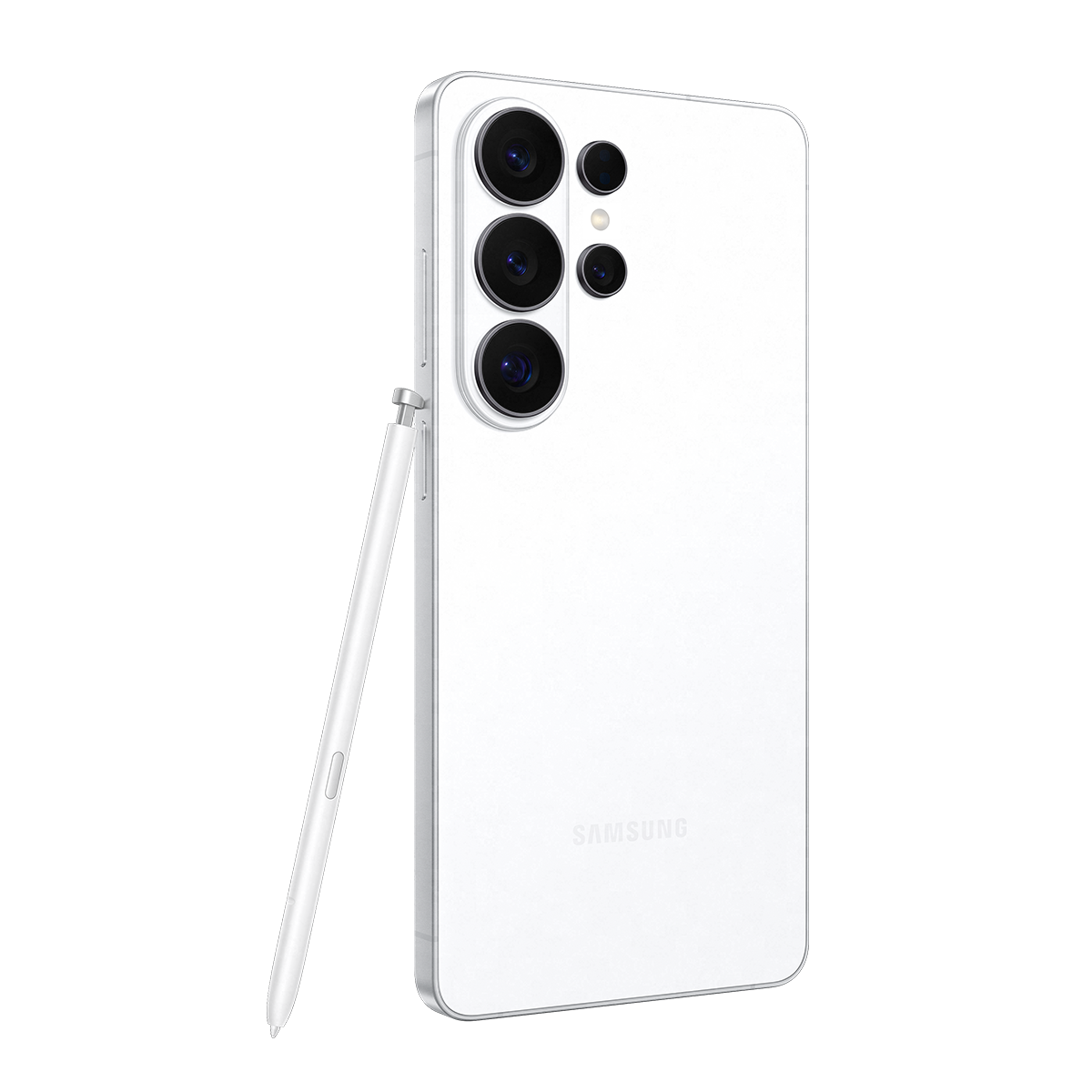 Kalemli ve dört kameralı beyaz Samsung akıllı telefon.