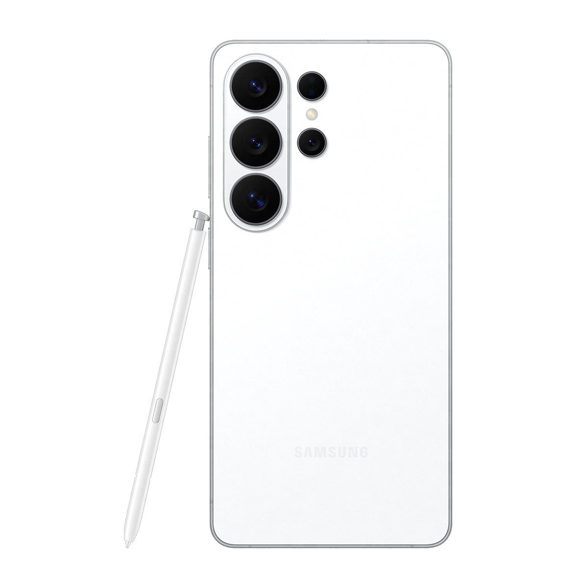 Kalemli ve dört kameralı beyaz Samsung akıllı telefon.