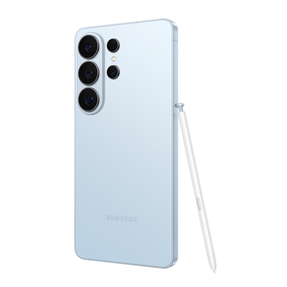 Üç kameralı açık mavi Samsung akıllı telefon ve beyaz kalem.