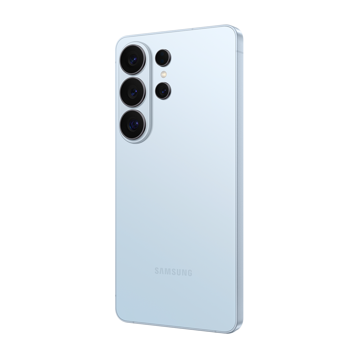 Arkada dört kamerası olan açık mavi Samsung akıllı telefon.