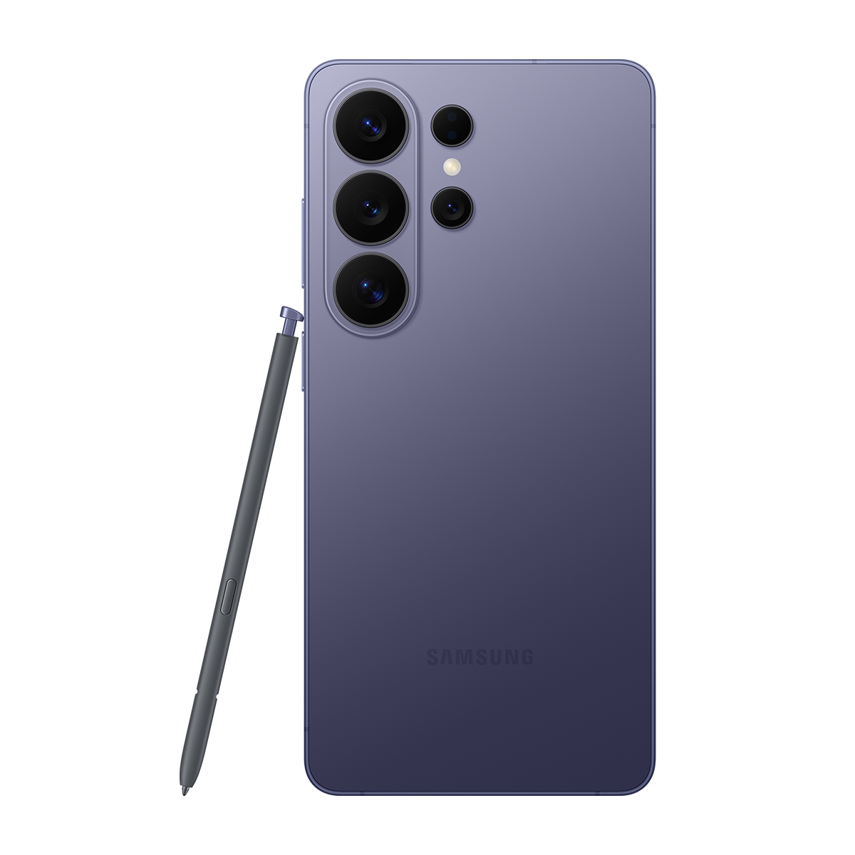 Mor Samsung S23 Ultra, kalemli. Arkada dört kamera.