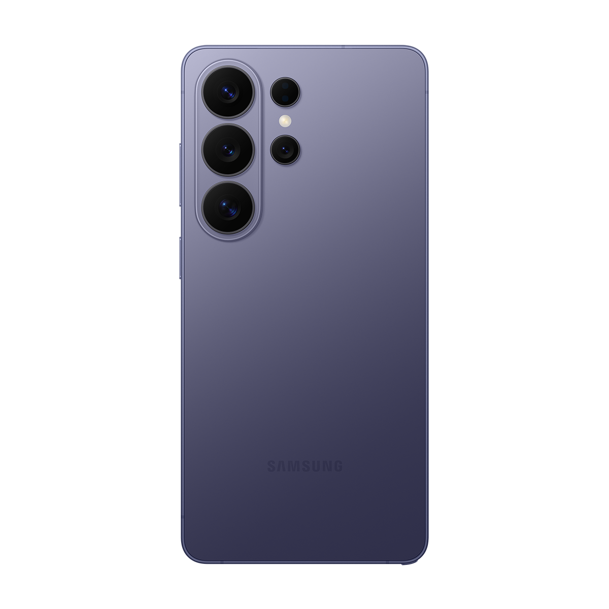 Dört kamera lensli ve Samsung logolu mor akıllı telefon arkası.