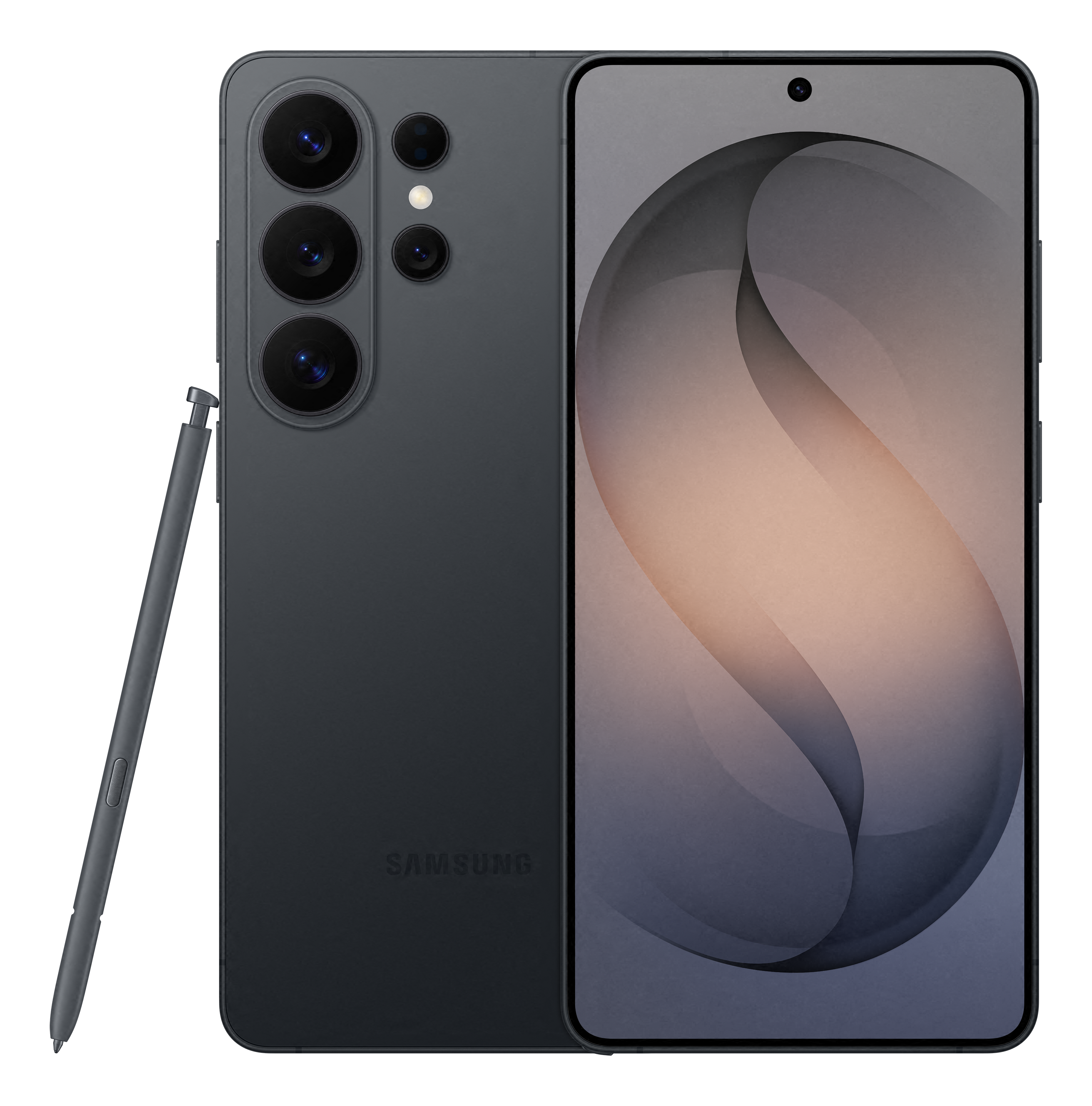 Un smartphone Samsung gris avec S-Pen, caméra arrière. Écran avant affiche une œuvre abstraite.