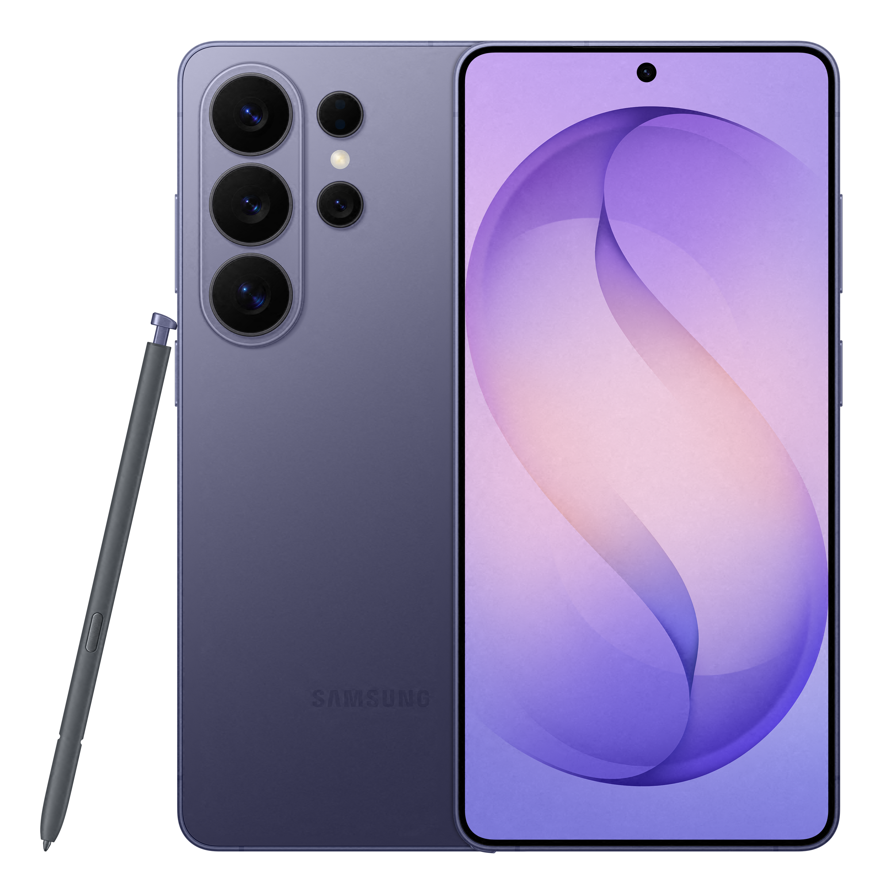 Ein lila Smartphone mit Stift und Kameramodul auf schwarzem Hintergrund.