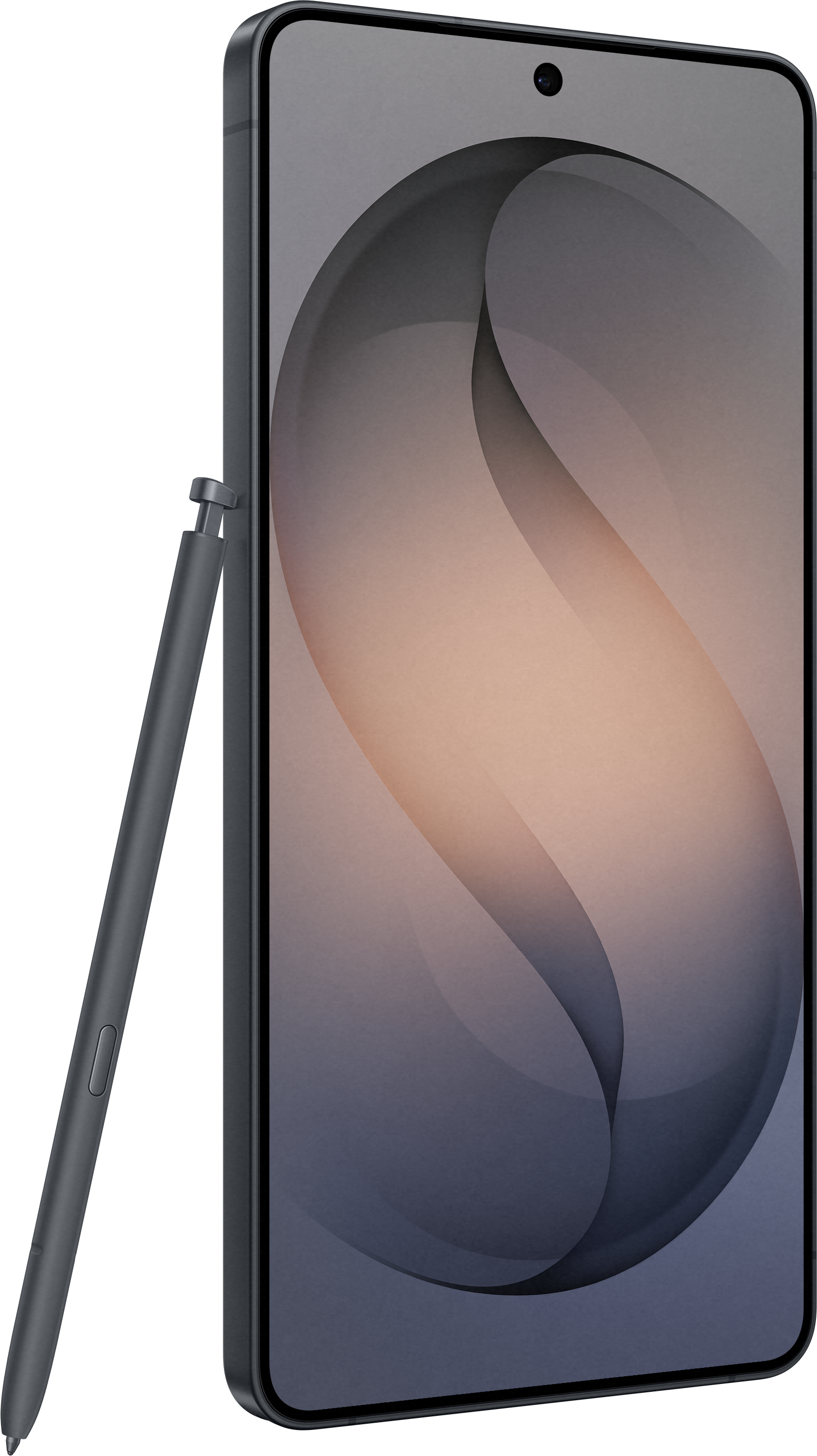 Un stylet gris repose contre un smartphone avec un fond d'écran abstrait.