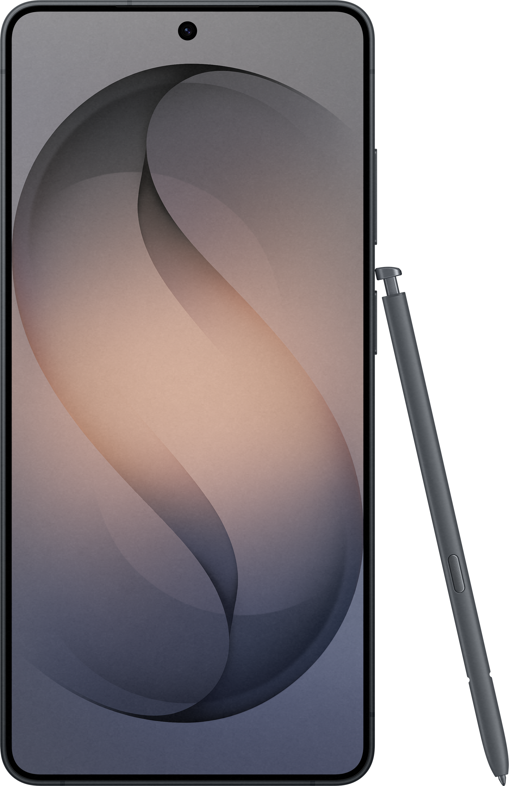 Un stylet gris repose à côté d'un smartphone affichant un graphique abstrait et dégradé.