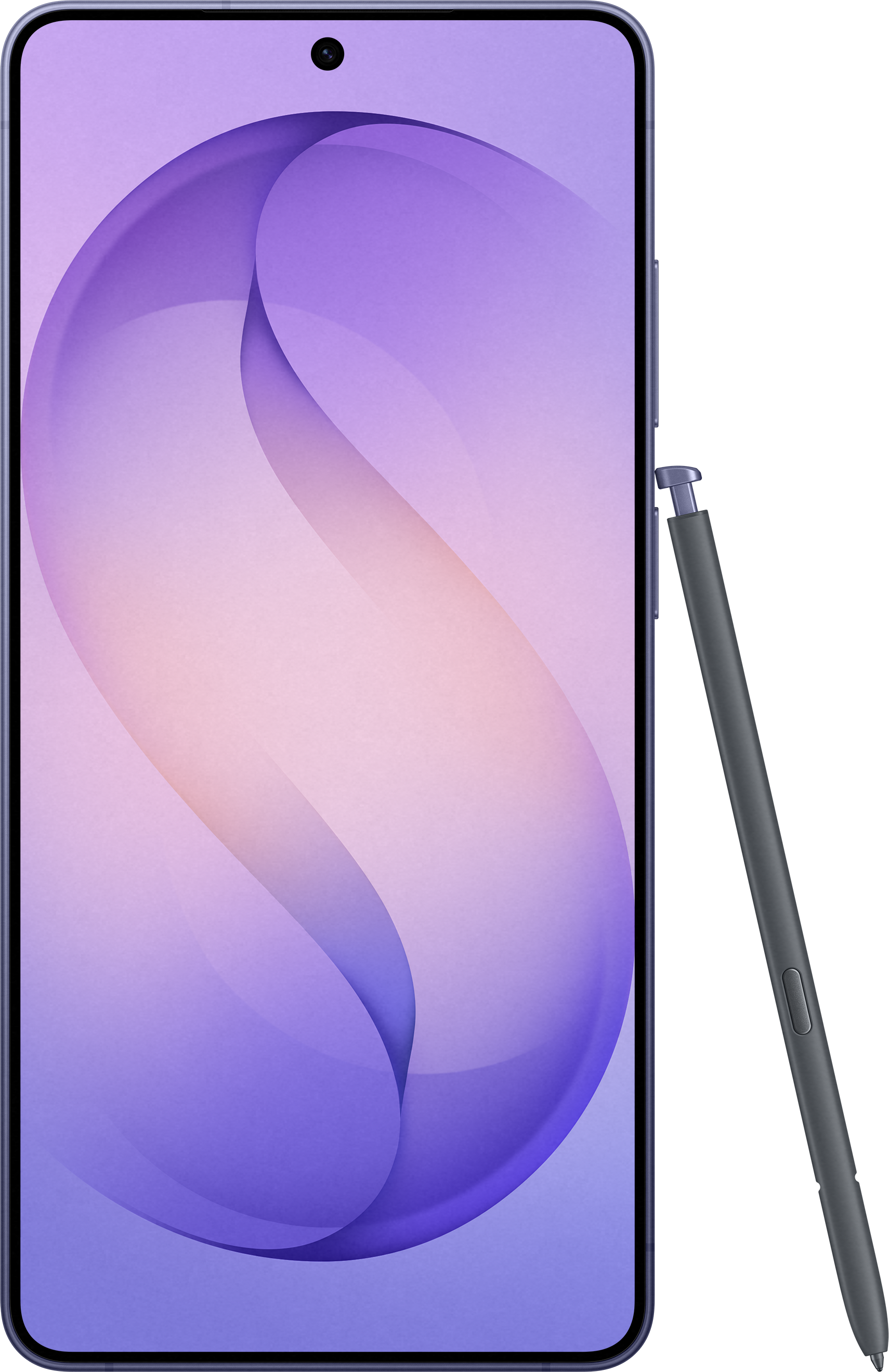Ein Smartphone mit einem Stift, das Display zeigt lila und rosa Muster.