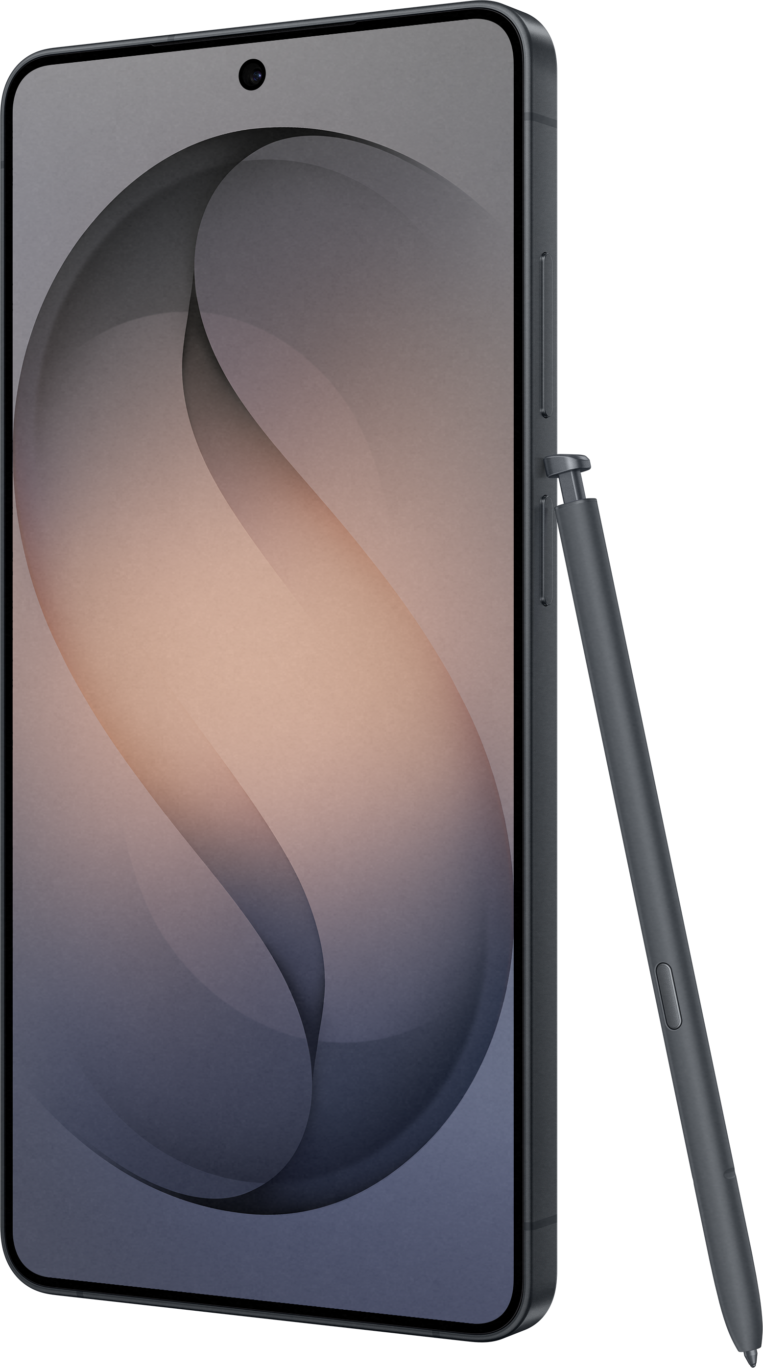 Smartphone gris foncé avec stylet, debout sur l'écran. Art abstrait.