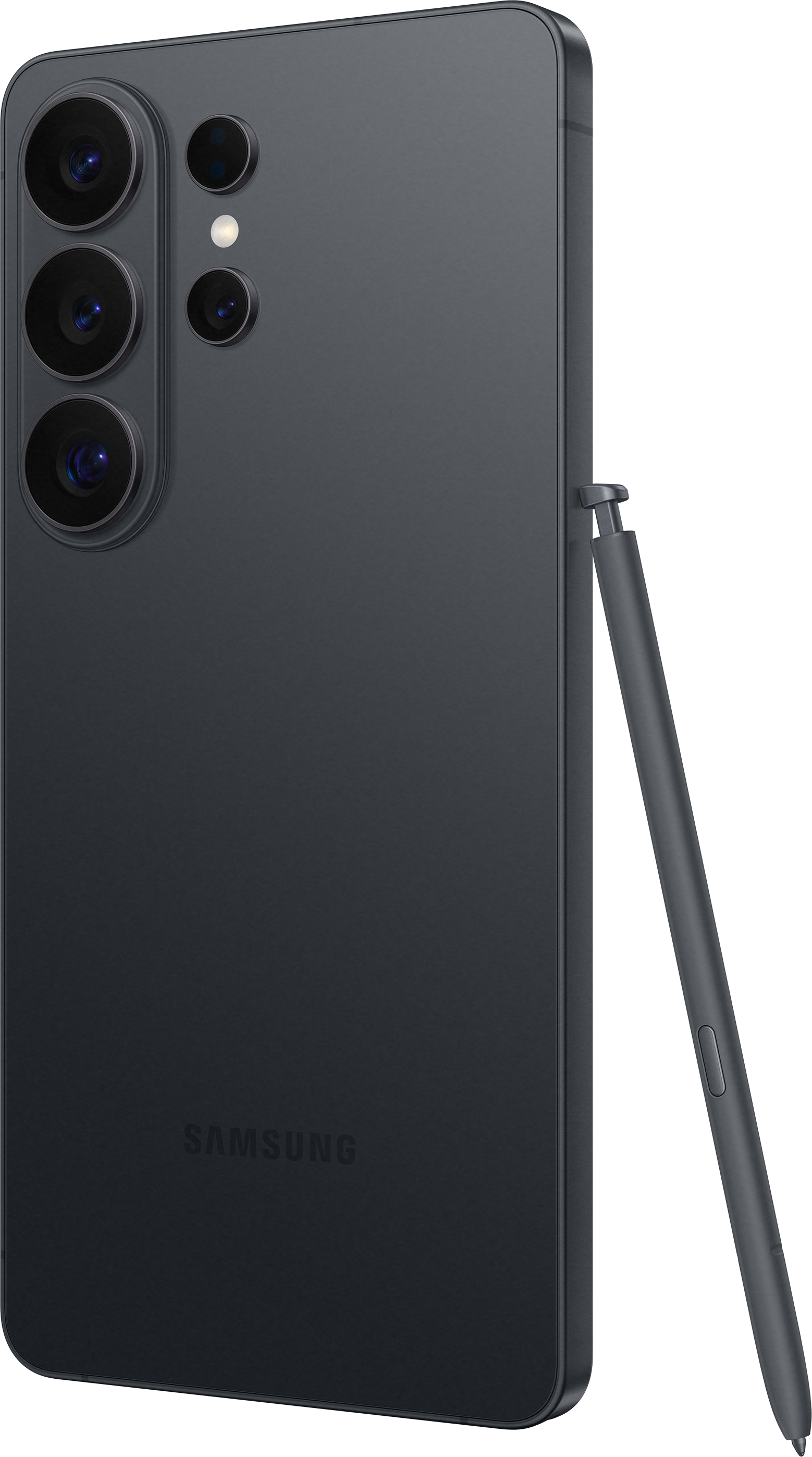 Téléphone Samsung gris foncé avec stylet et quatre caméras arrière.