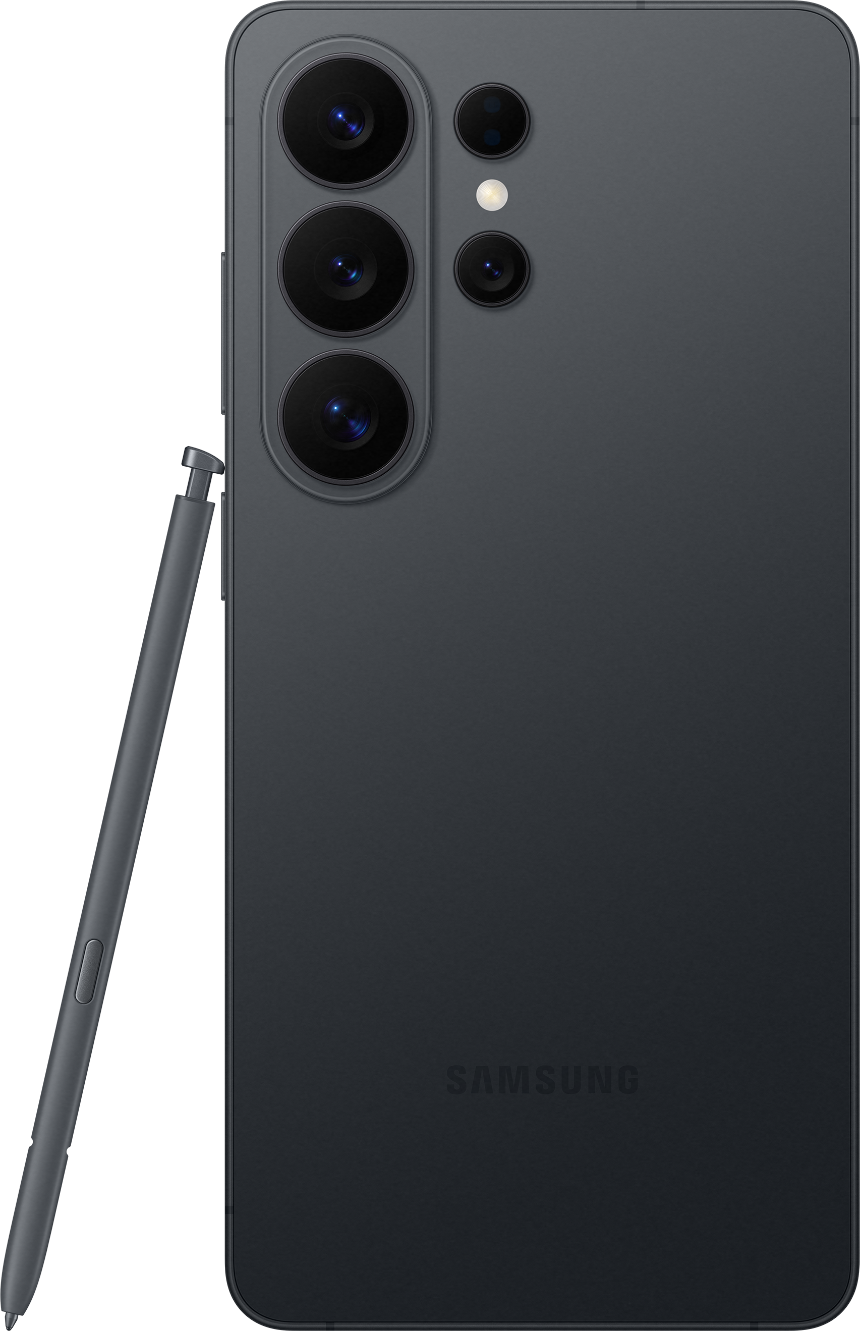 Un smartphone Samsung sombre avec S Pen et quatre caméras.