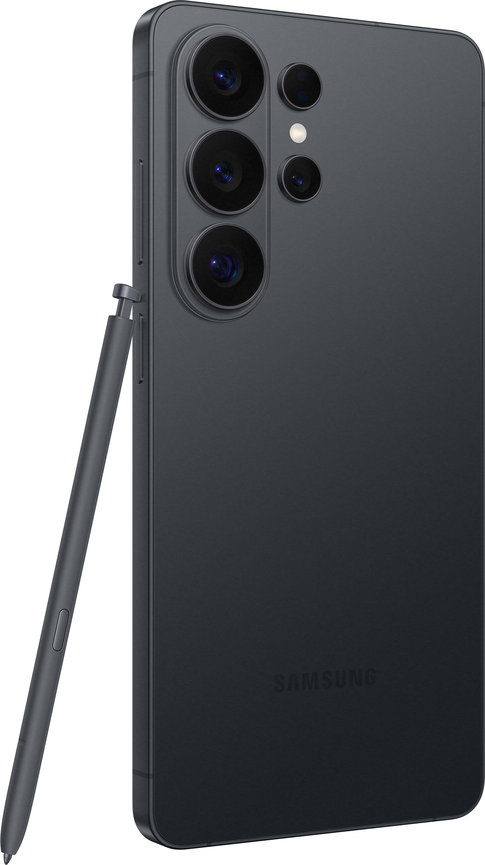 Un smartphone noir avec S Pen et quatre caméras arrière.