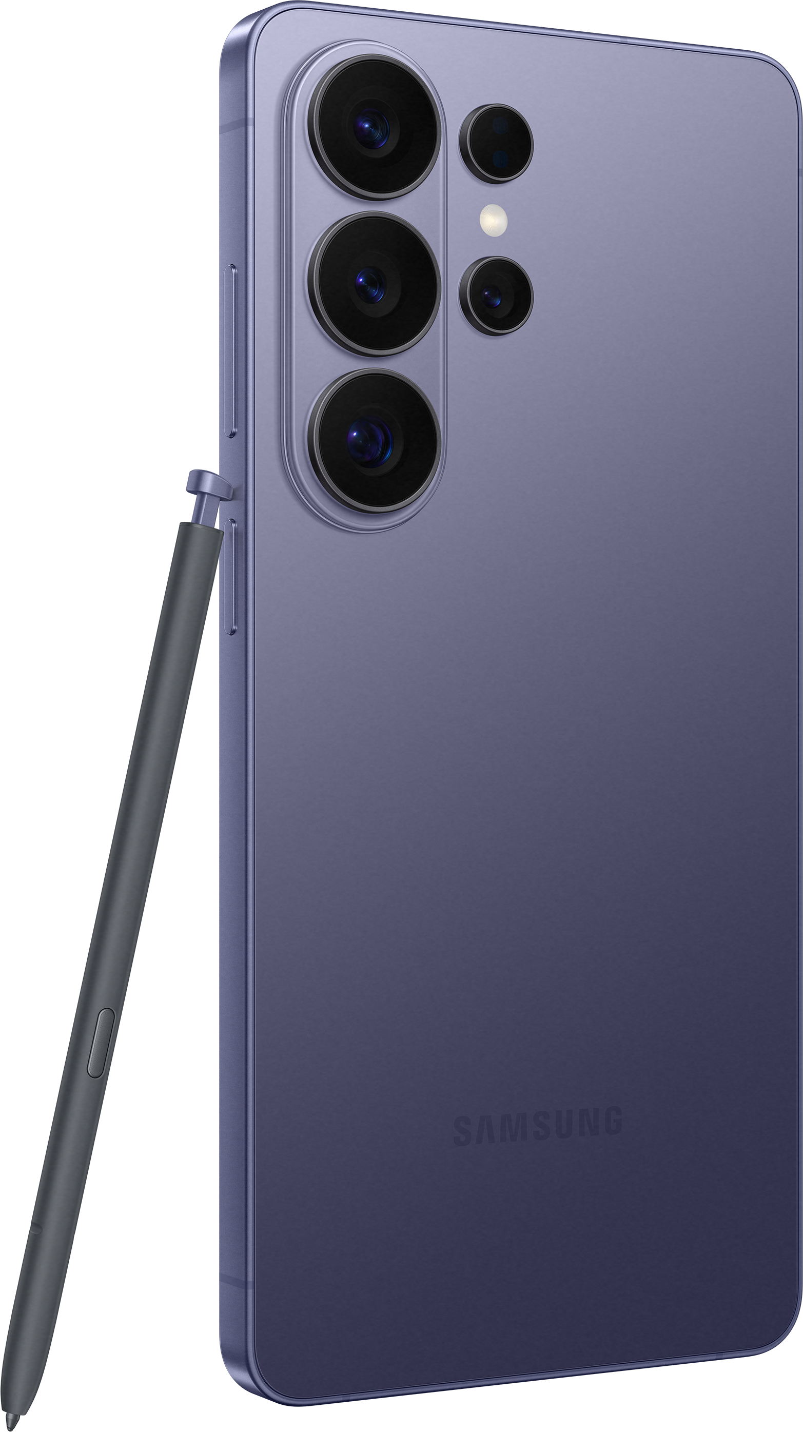Ein lila Samsung Smartphone mit Stift, rückseitige Kameraanordnung.