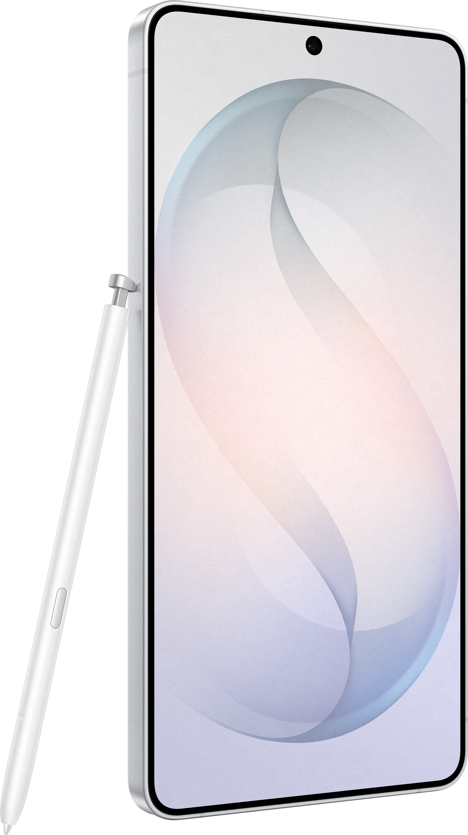 Un smartphone argenté avec un stylet à côté sur fond noir.